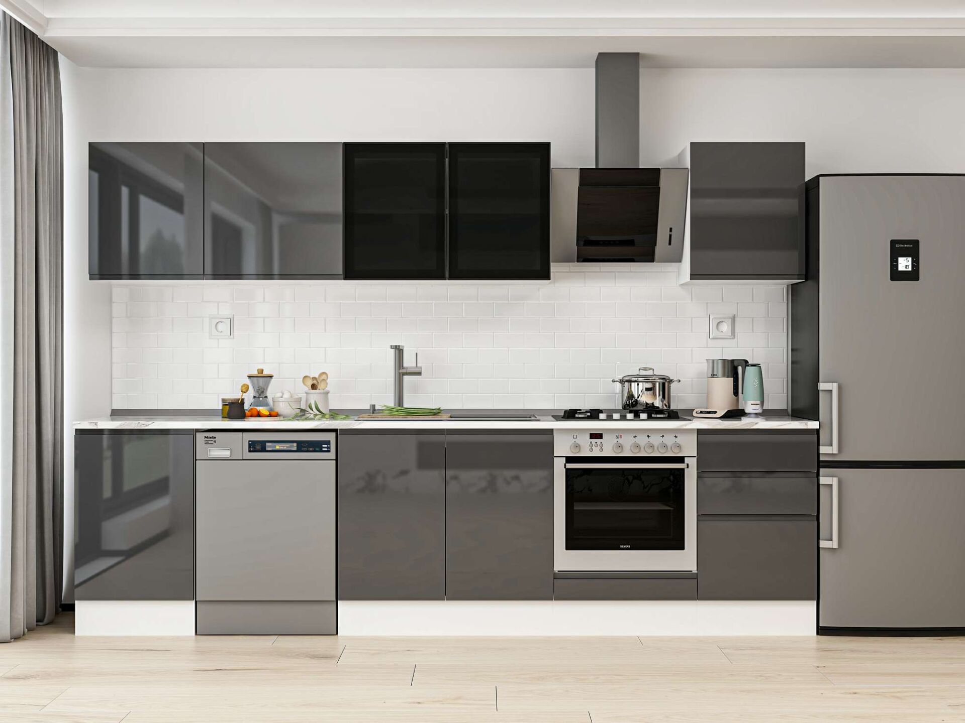 Alvinka 310X210 Cm High Gloss Mutfak Dolabı M-E90S50S50-3 High Gloss | Antrasit - Mdf