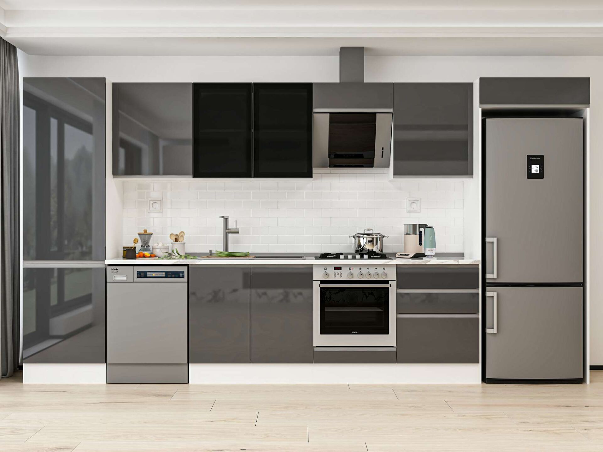 Alvinka 410X222 Cm High Gloss Mutfak Dolabı Mbb-E90B60S60-3 High Gloss | Antrasit - Mdf