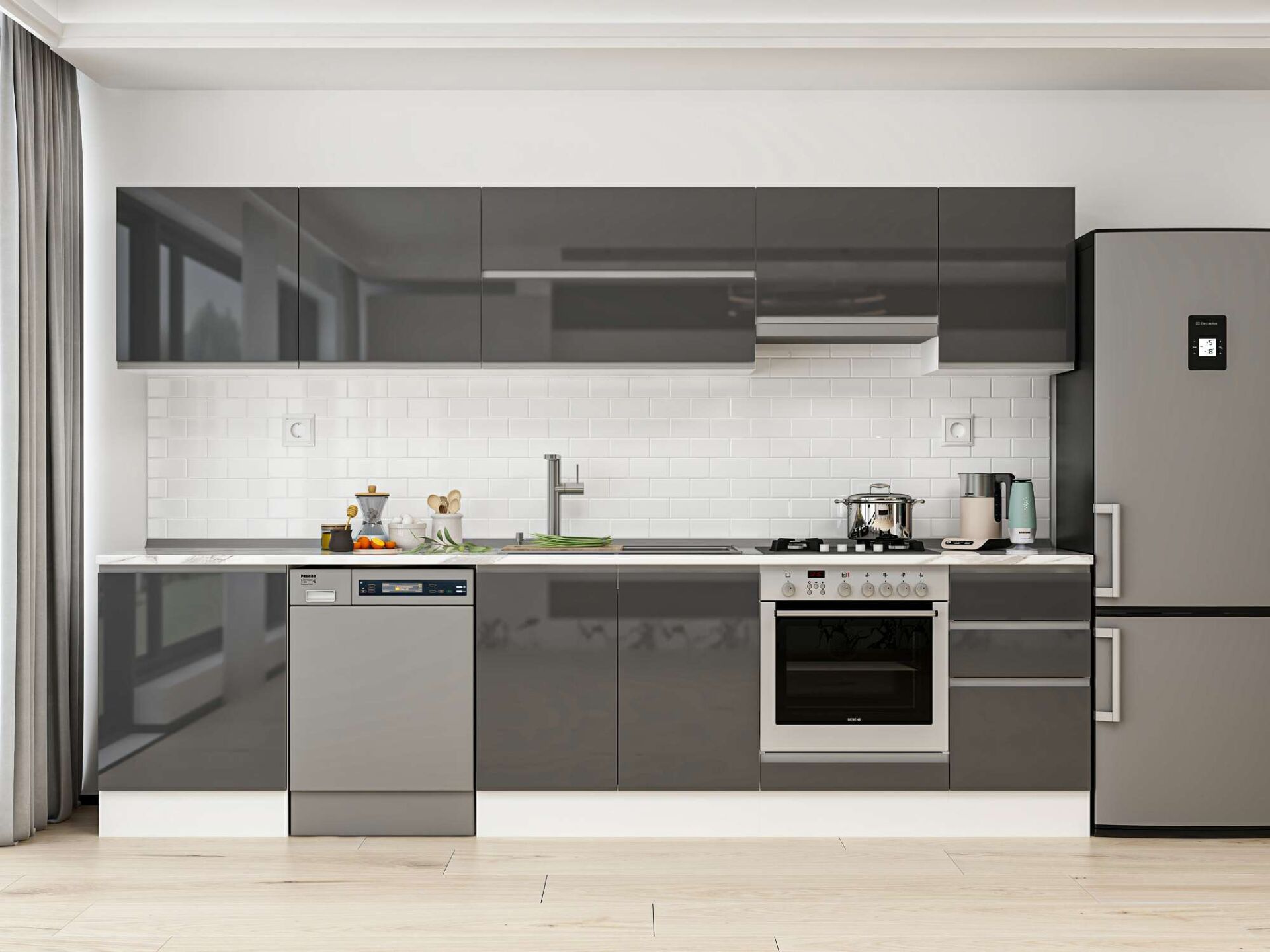 Alvinka 315X210 Cm High Gloss Mutfak Dolabı M-E90S60S45-1 High Gloss | Antrasit - Mdf