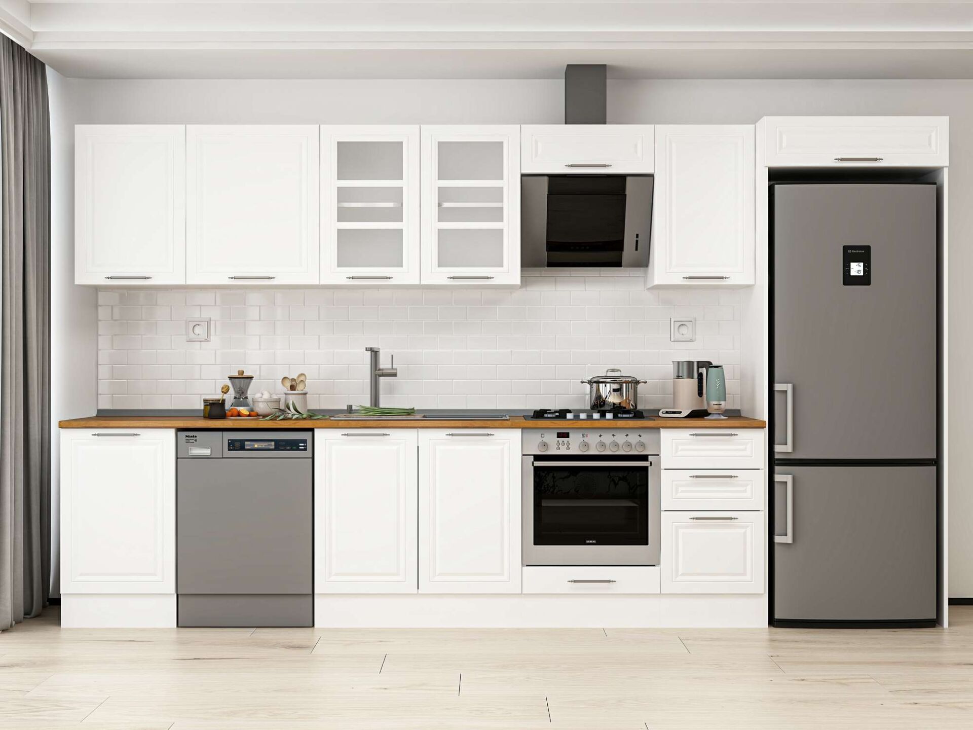 Alvinka 375X222 Cm Klasik Mebran Mutfak Dolabı Beyaz Beyaz Mb-E80S50S45-3