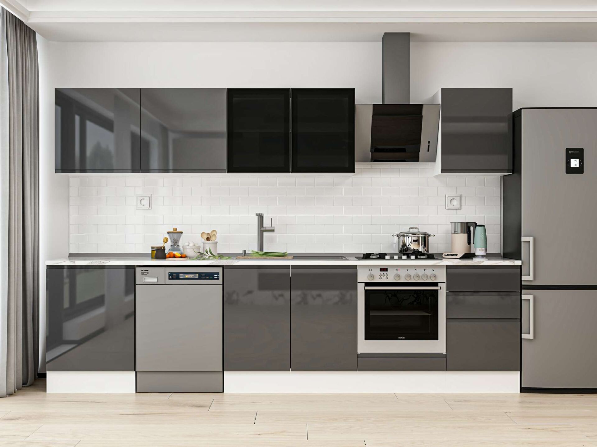 Alvinka 320X210 Cm High Gloss Mutfak Dolabı M-E90S60S50-3 High Gloss | Antrasit - Suntalam