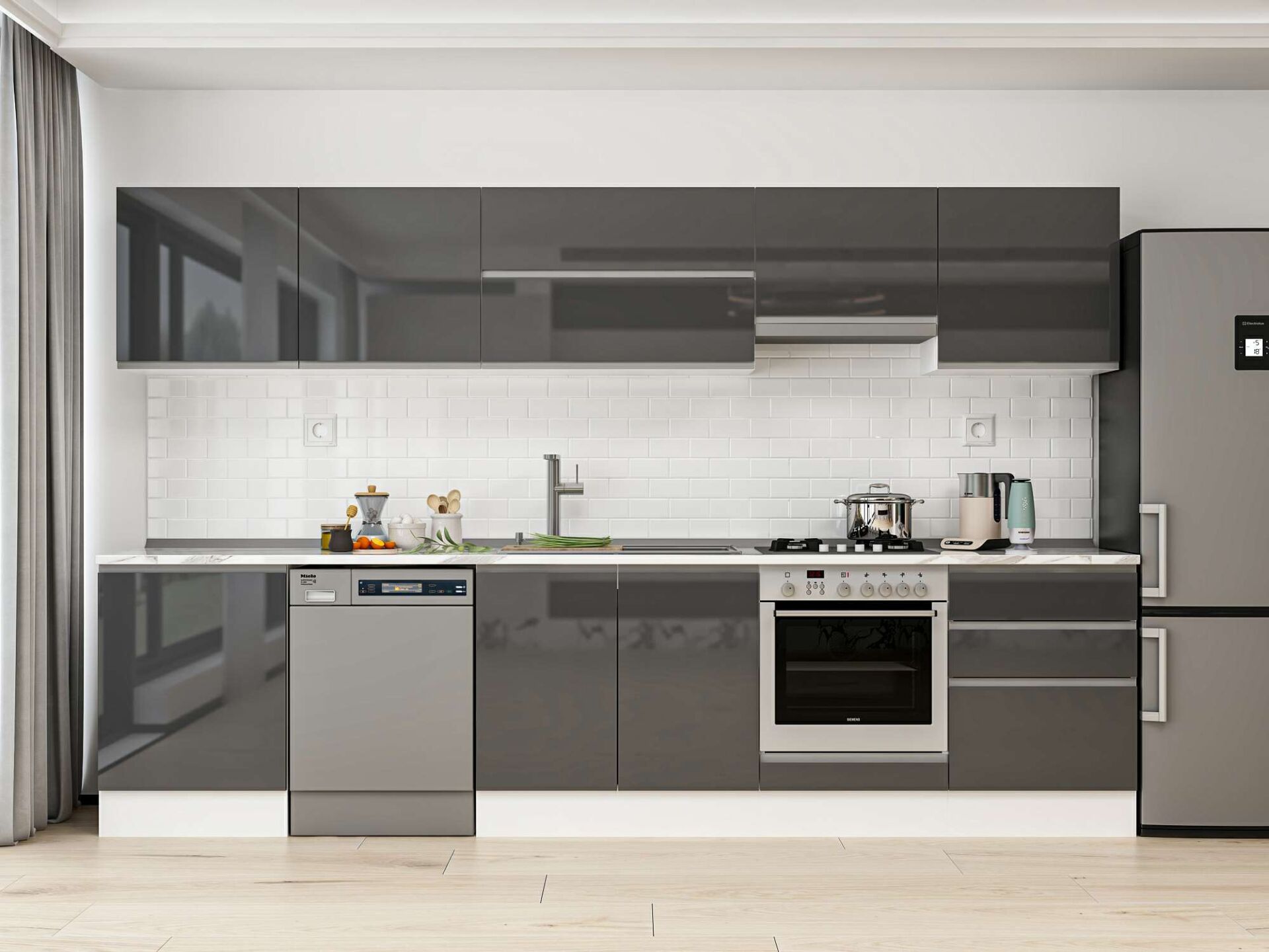 Alvinka 330X210 Cm High Gloss Mutfak Dolabı M-E90S60S60-1 High Gloss | Antrasit - Mdf