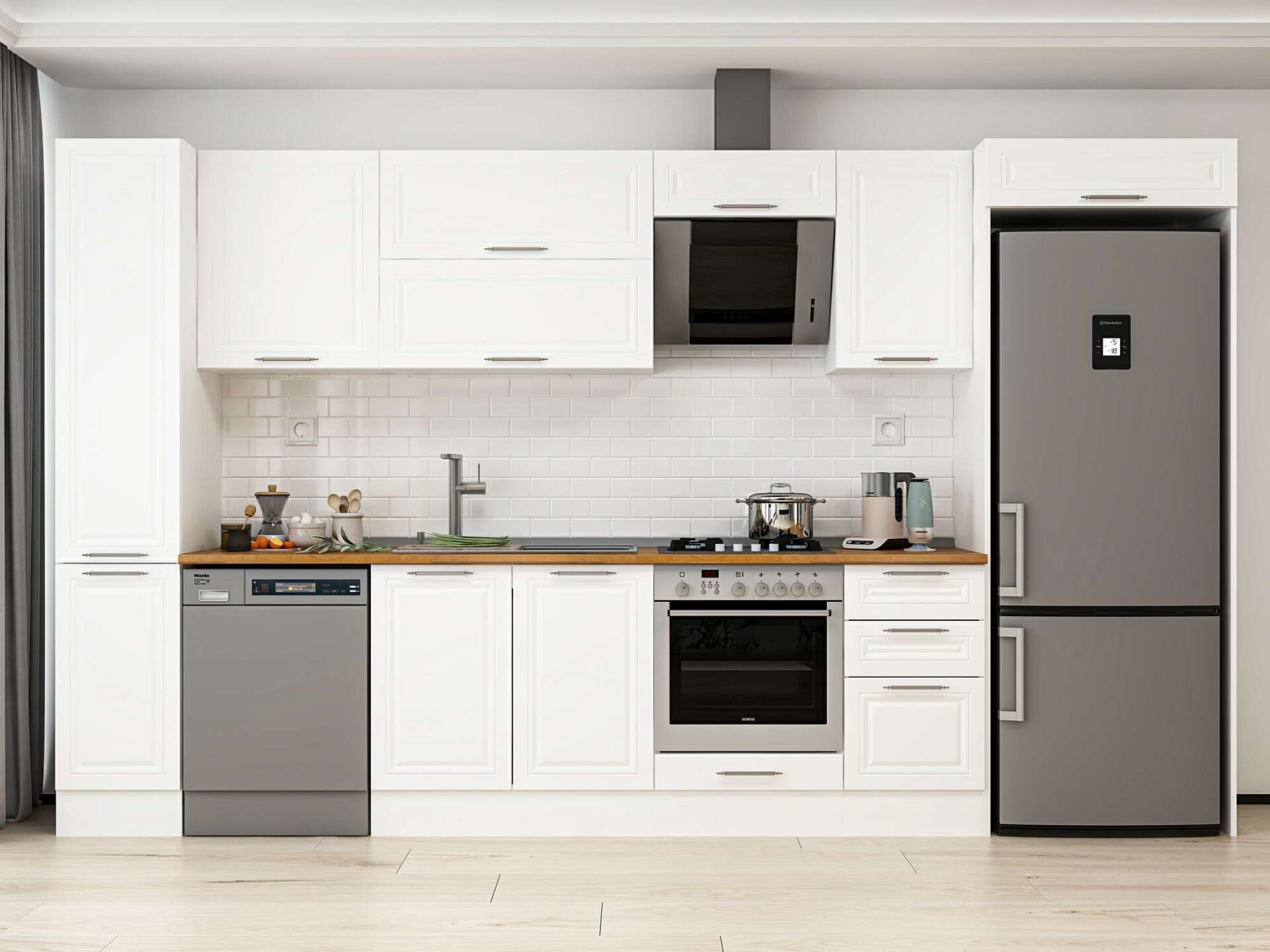 Alvinka 365X222 Cm Klasik Mebran Mutfak Dolabı Beyaz Beyaz Mbb-E80B40S45-2