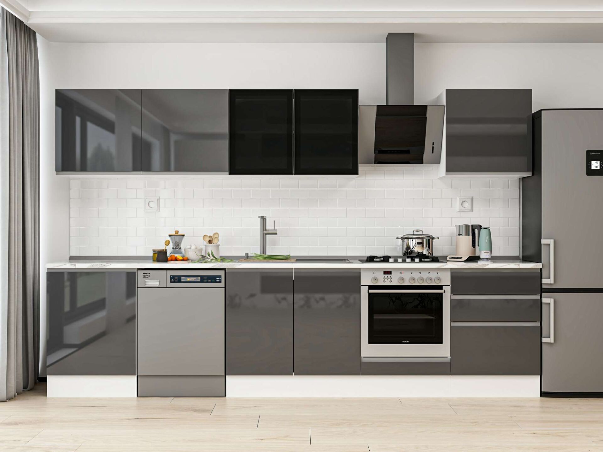 Alvinka 330X210 Cm High Gloss Mutfak Dolabı M-E90S60S60-3 High Gloss | Antrasit - Suntalam