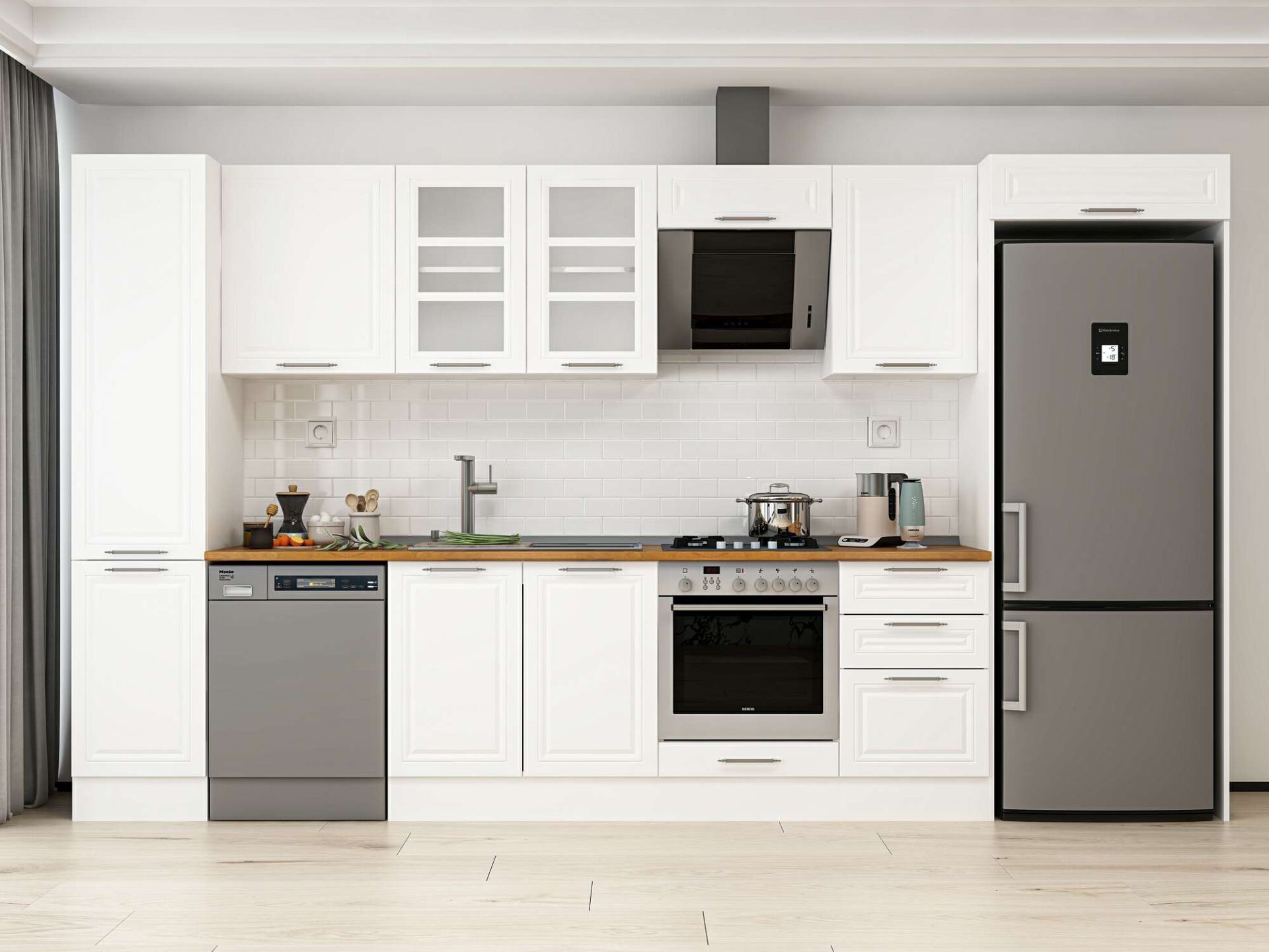 Alvinka 375X222 Cm Klasik Mebran Mutfak Dolabı Beyaz Beyaz Mbb-E80B45S50-3
