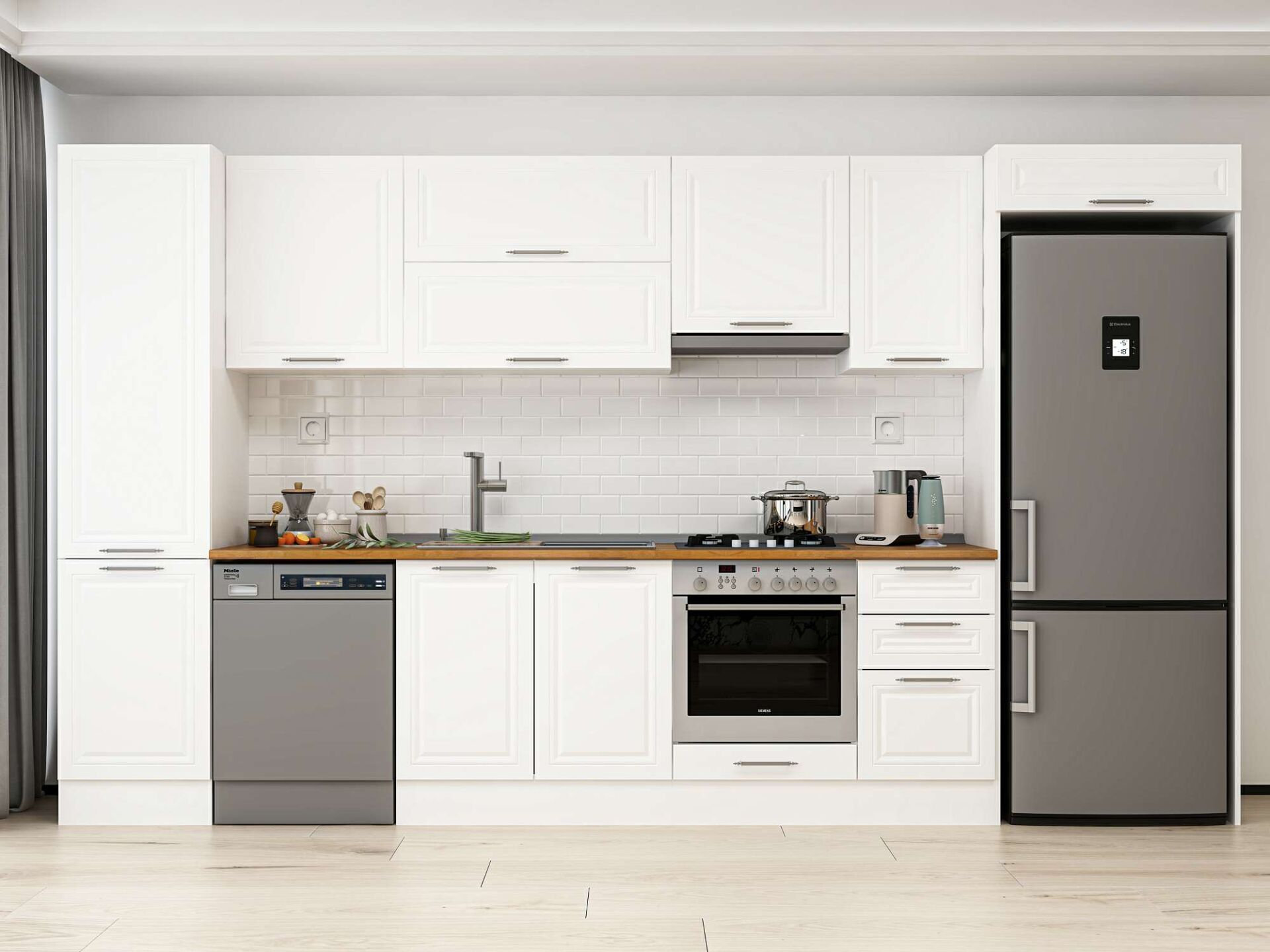 Alvinka 375X222 Cm Klasik Mebran Mutfak Dolabı Beyaz Beyaz Mbb-E80B50S45-1