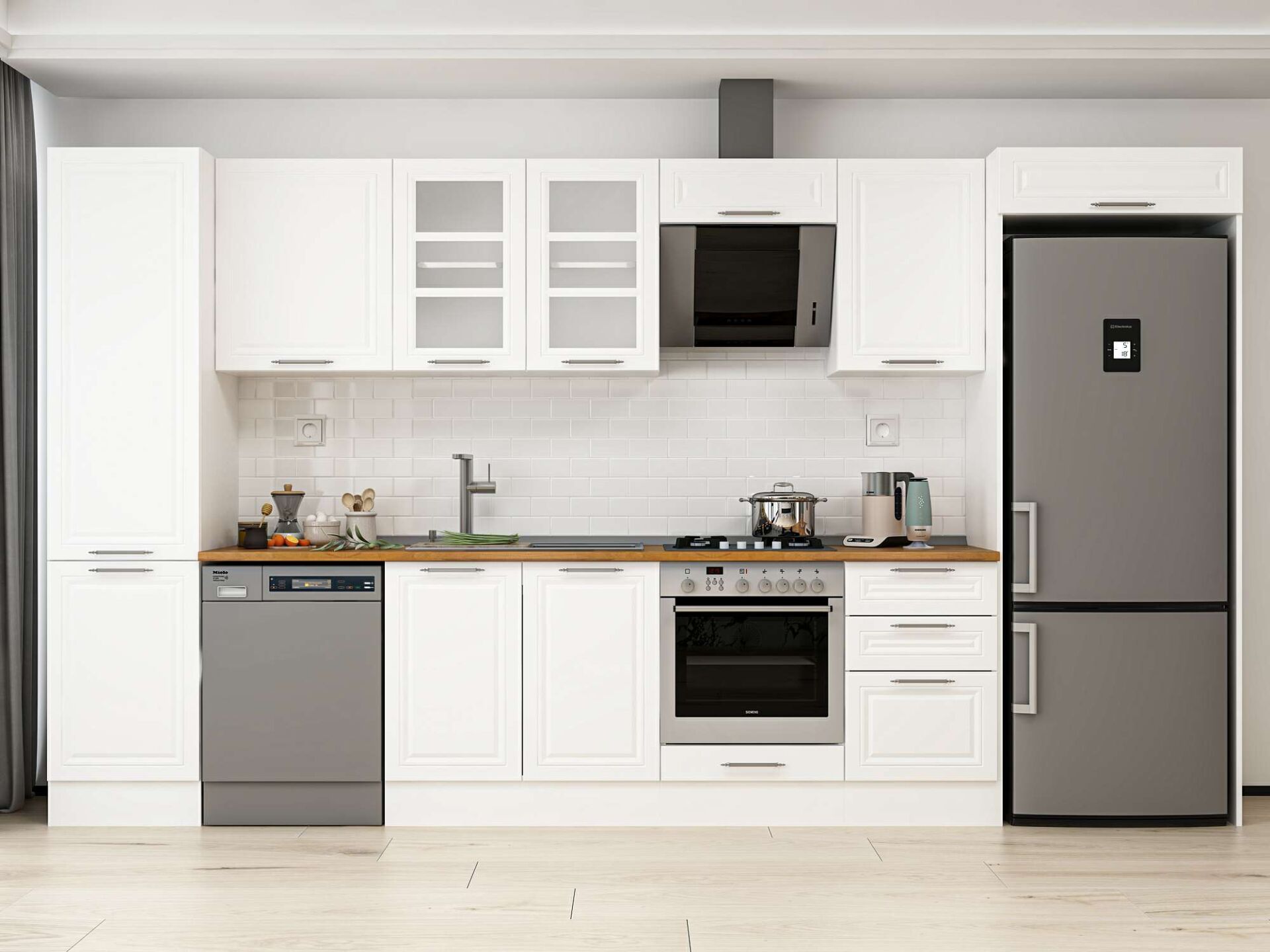 Alvinka 380X222 Cm Klasik Mebran Mutfak Dolabı Beyaz Beyaz Mbb-E80B50S50-3