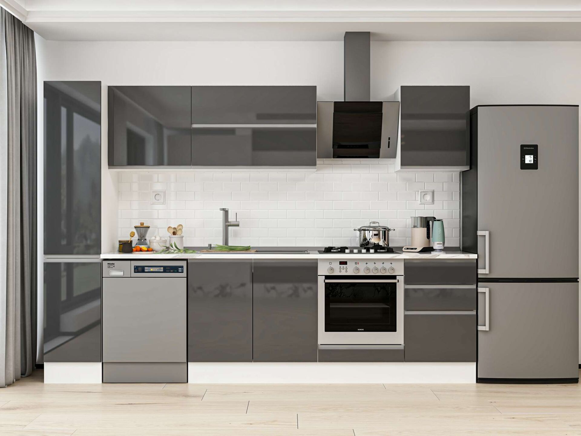 Alvinka 300X210 Cm High Gloss Mutfak Dolabı Mb-E90B40S50-2 High Gloss | Antrasit - Mdf