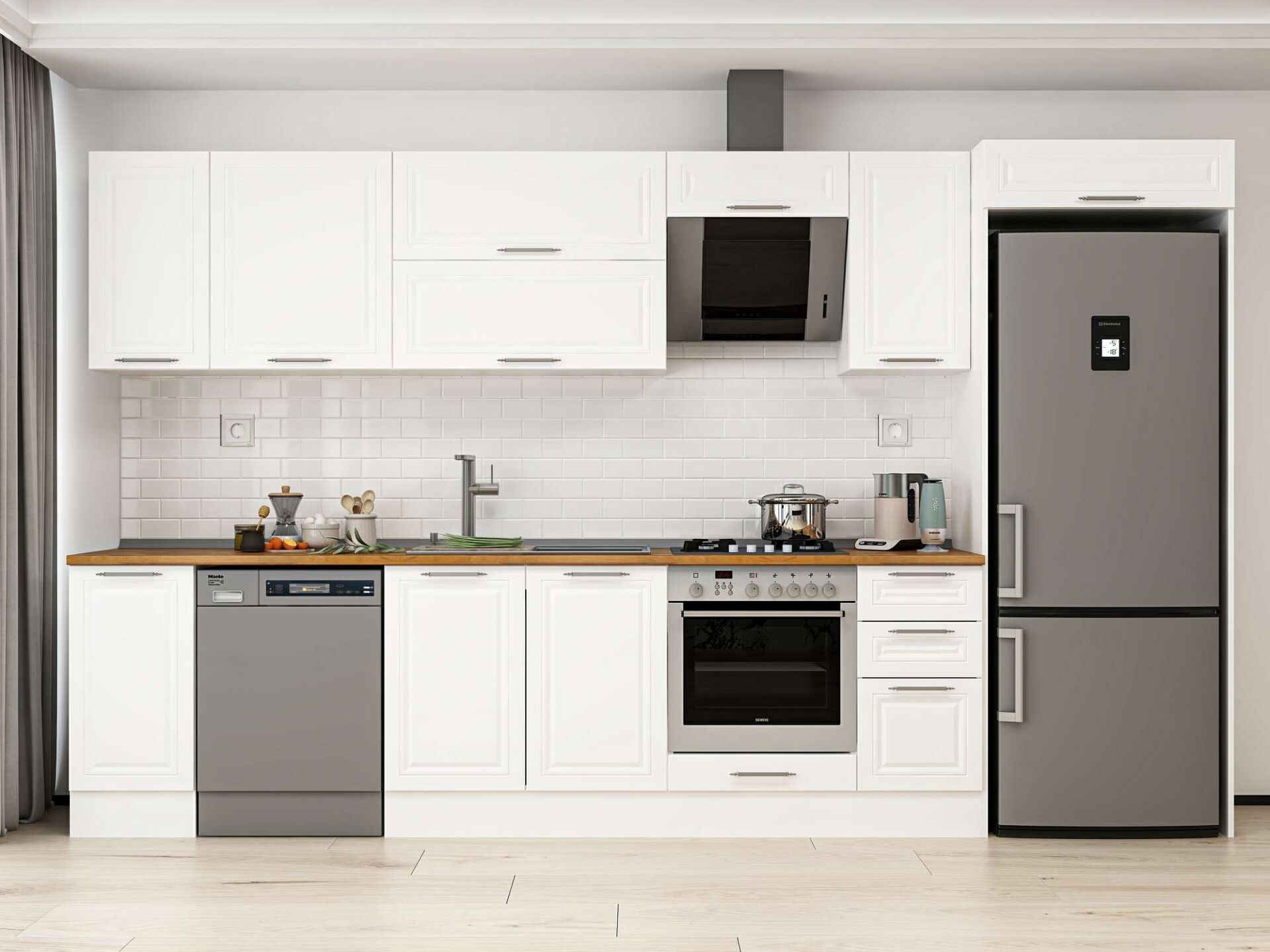 Alvinka 370X222 Cm Klasik Mebran Mutfak Dolabı Beyaz Beyaz Mb-E90S40S40-2