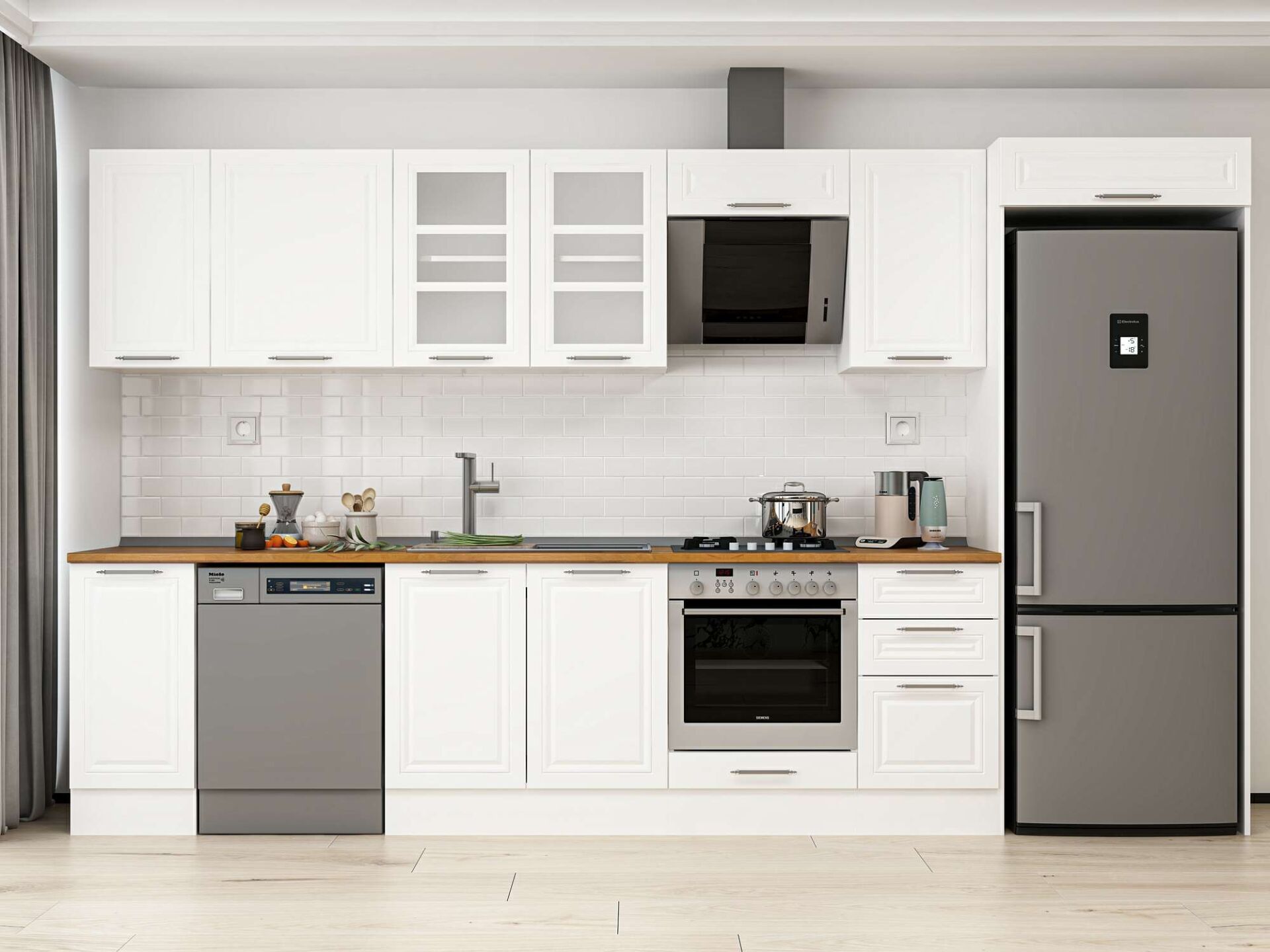 Alvinka 375X222 Cm Klasik Mebran Mutfak Dolabı Beyaz Beyaz Mb-E90S40S45-3