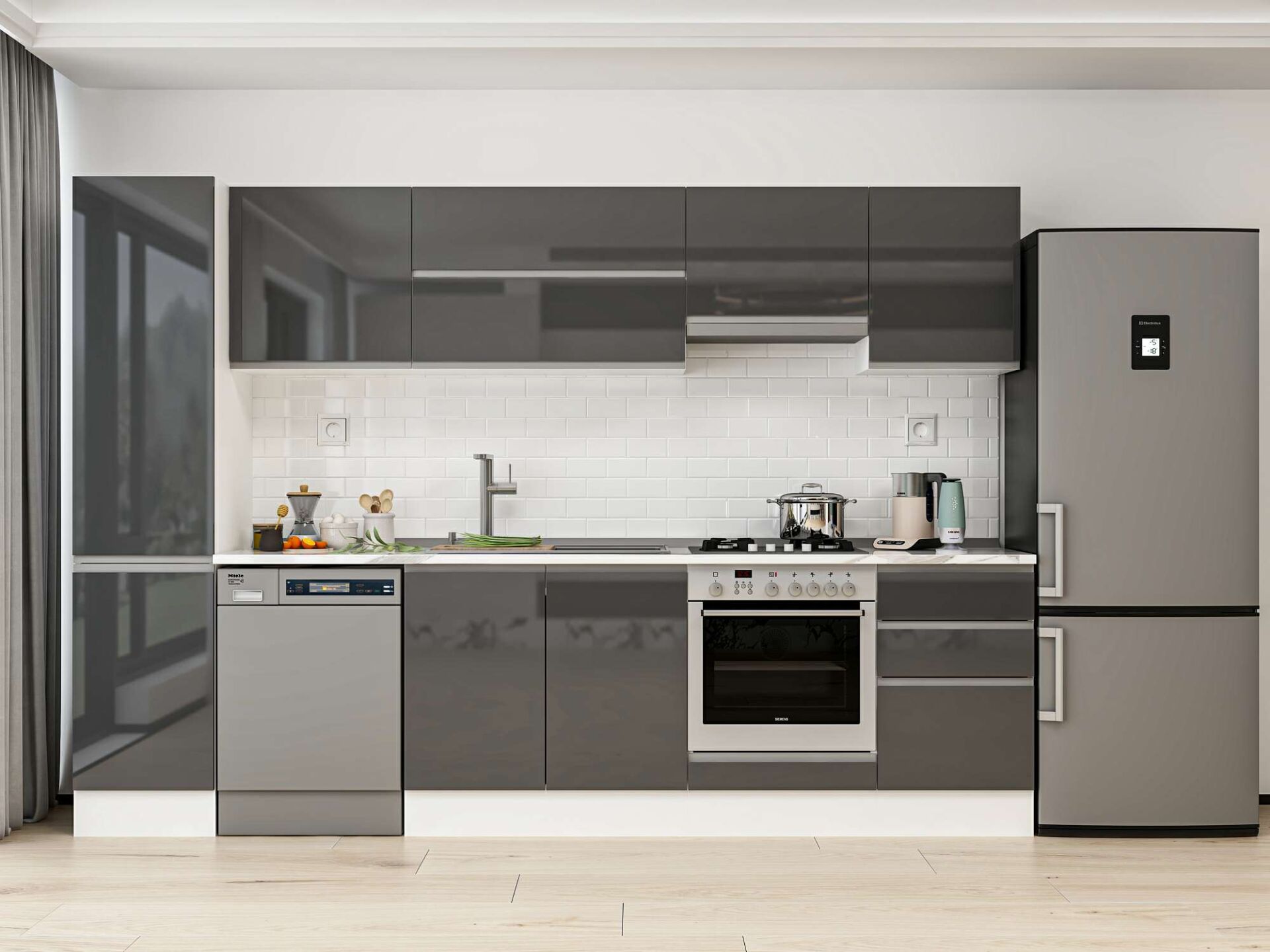 Alvinka 305X210 Cm High Gloss Mutfak Dolabı Mb-E90B45S50-1 High Gloss | Antrasit - Suntalam