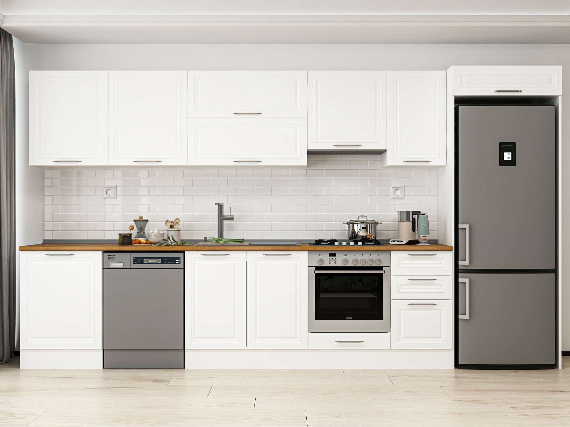Alvinka 395X222 Cm Klasik Mebran Mutfak Dolabı Beyaz Beyaz Mb-E90S60S45-1