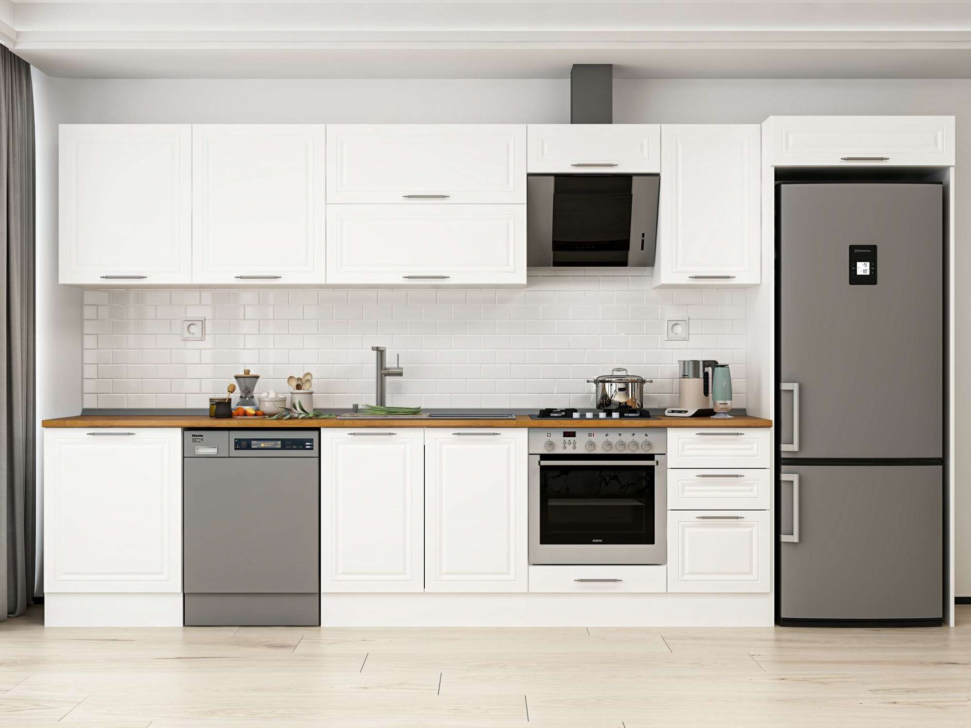 Alvinka 395X222 Cm Klasik Mebran Mutfak Dolabı Beyaz Beyaz Mb-E90S60S45-2