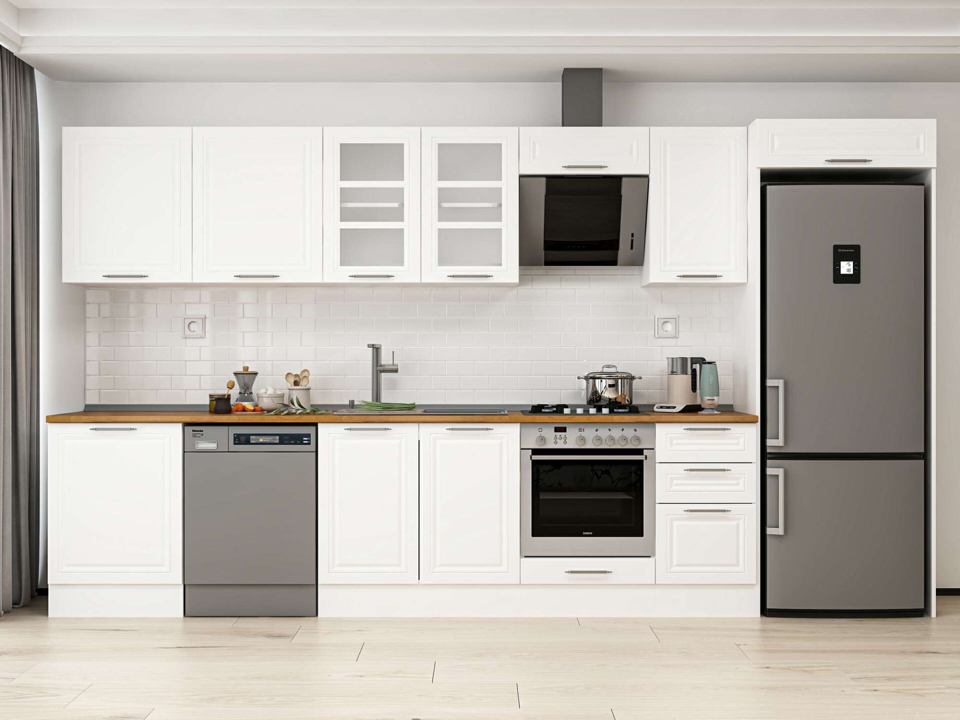 Alvinka 395X222 Cm Klasik Mebran Mutfak Dolabı Beyaz Beyaz Mb-E90S60S45-3