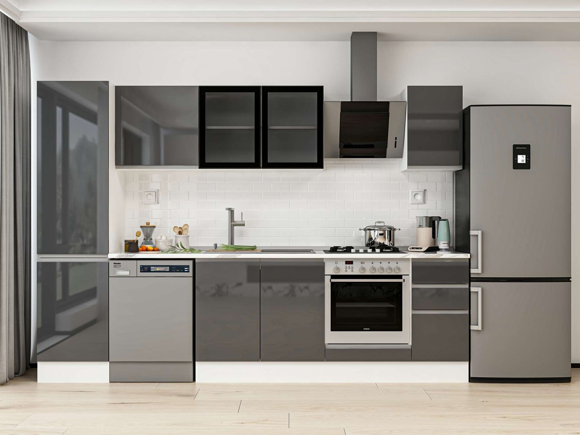 Alvinka 300X210 Cm High Gloss Mutfak Dolabı Mb-E90B50S40-3 High Gloss | Antrasit - Suntalam