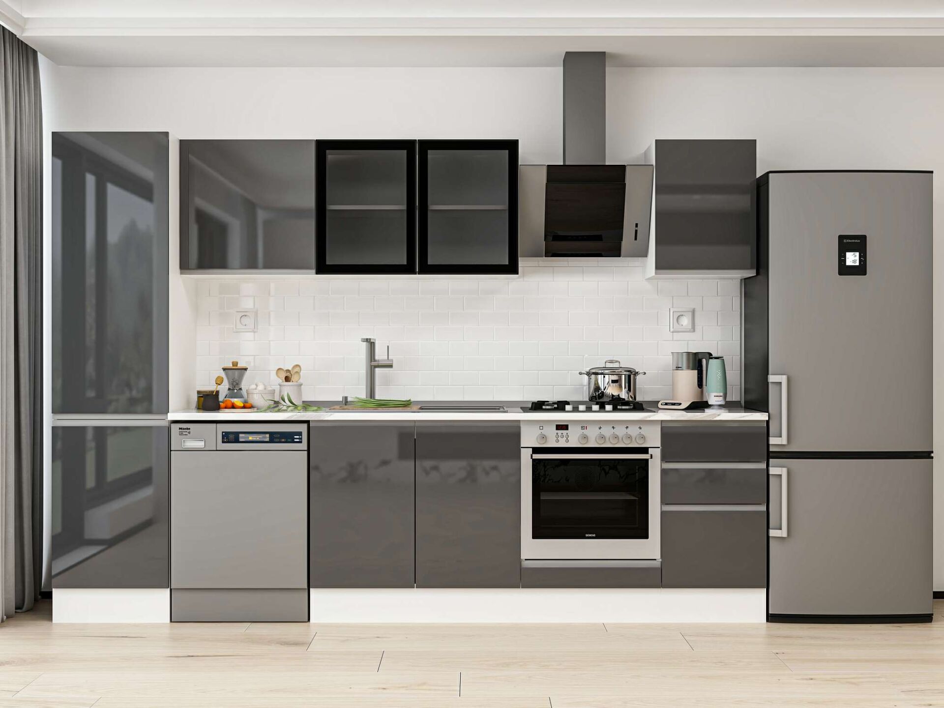 Alvinka 305X210 Cm High Gloss Mutfak Dolabı Mb-E90B50S45-3 High Gloss | Antrasit - Mdf