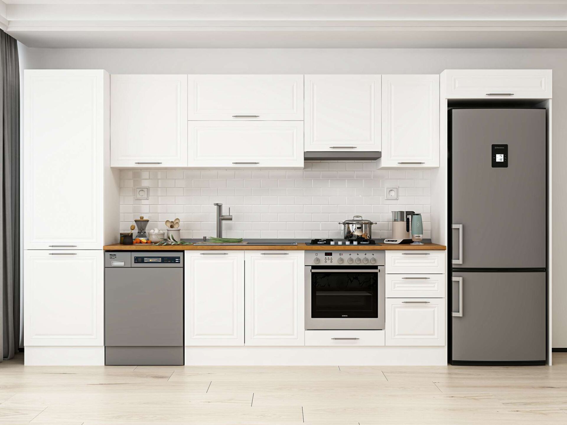 Alvinka 395X222 Cm Klasik Mebran Mutfak Dolabı Beyaz Beyaz Mbb-E90B60S45-1