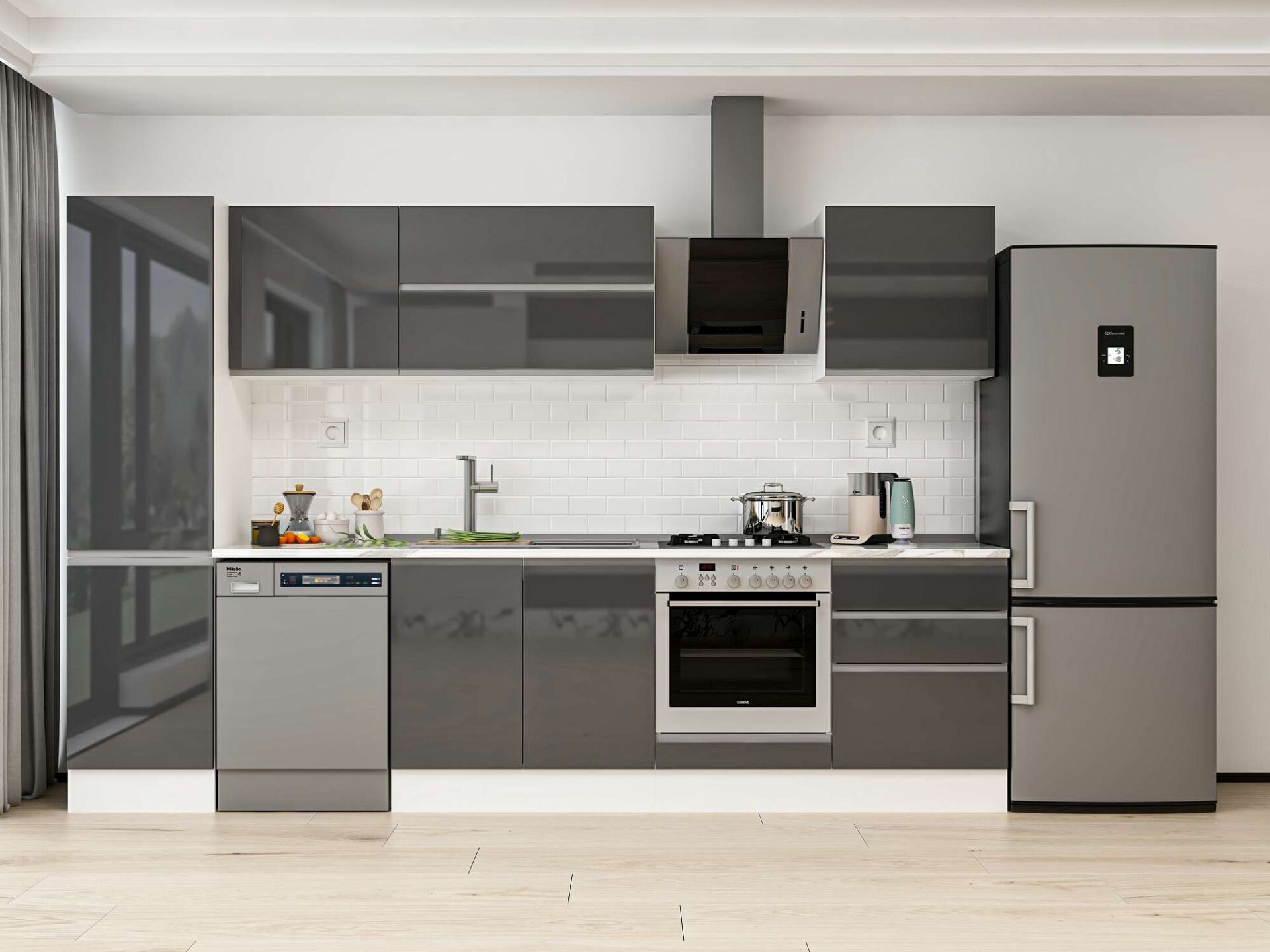 Alvinka 320X210 Cm High Gloss Mutfak Dolabı Mb-E90B50S60-2 High Gloss | Antrasit - Mdf