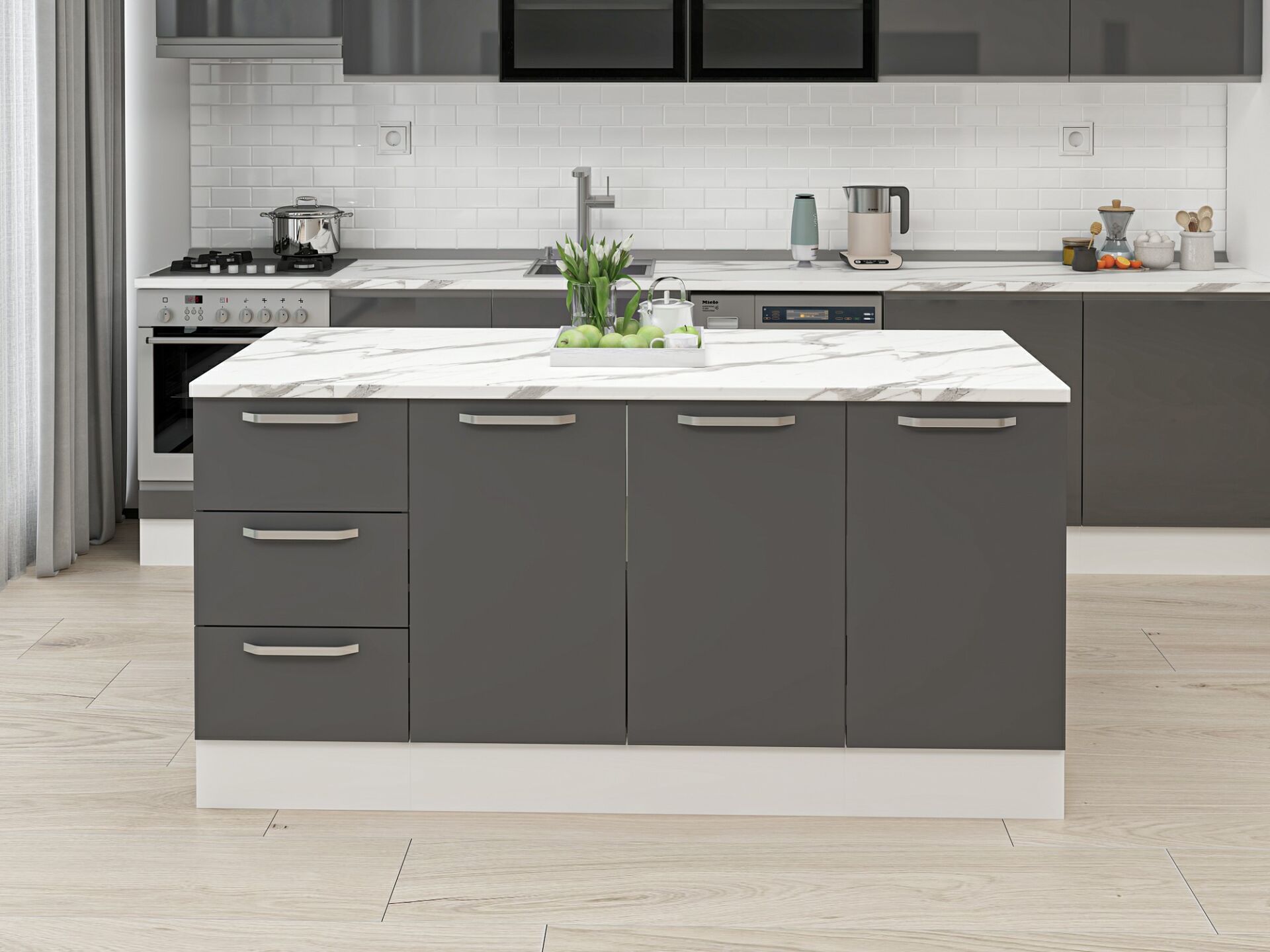 Alvinka 180 Cm Düz Ada Mutfak Dolabı Beyaz Antrasit