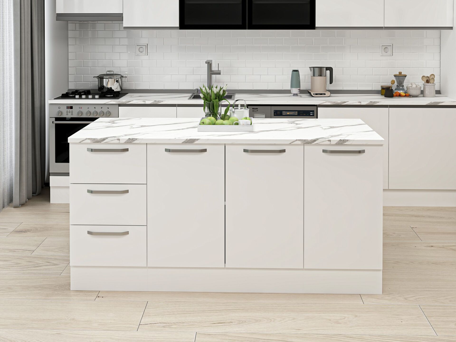 Alvinka 180 Cm Düz Ada Mutfak Dolabı Beyaz Beyaz