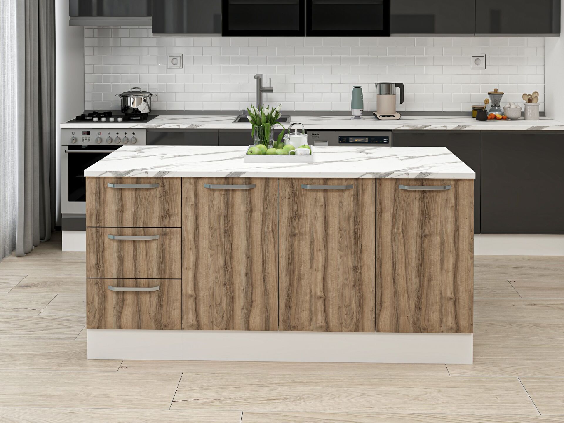 Alvinka 180 Cm Düz Ada Mutfak Dolabı Beyaz Dore