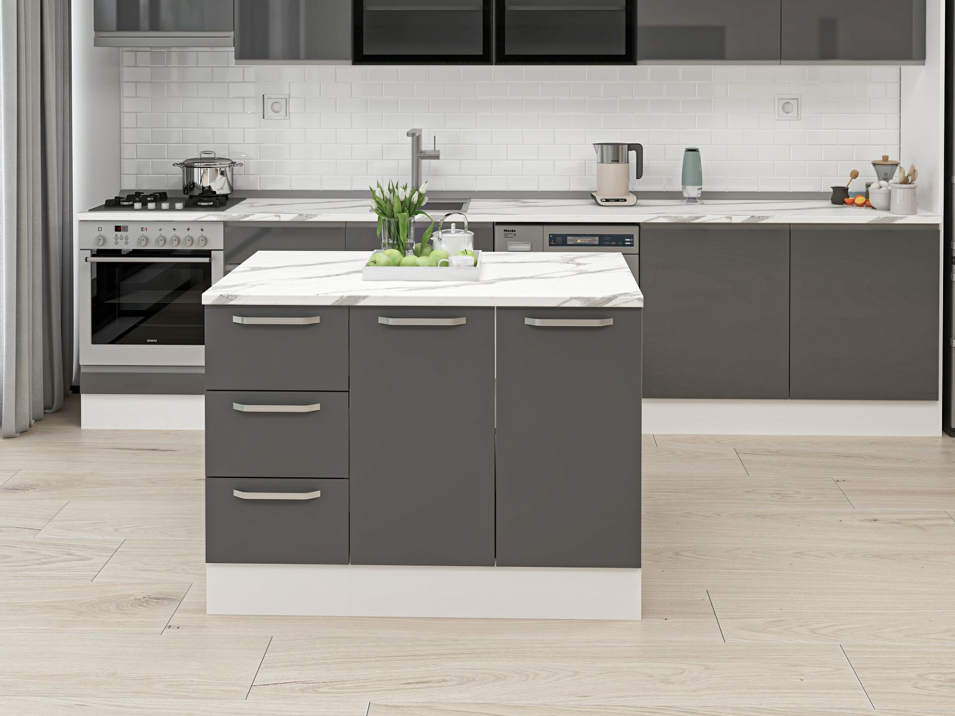 Alvinka 120 Cm Düz Ada Mutfak Dolabı Beyaz Antrasit