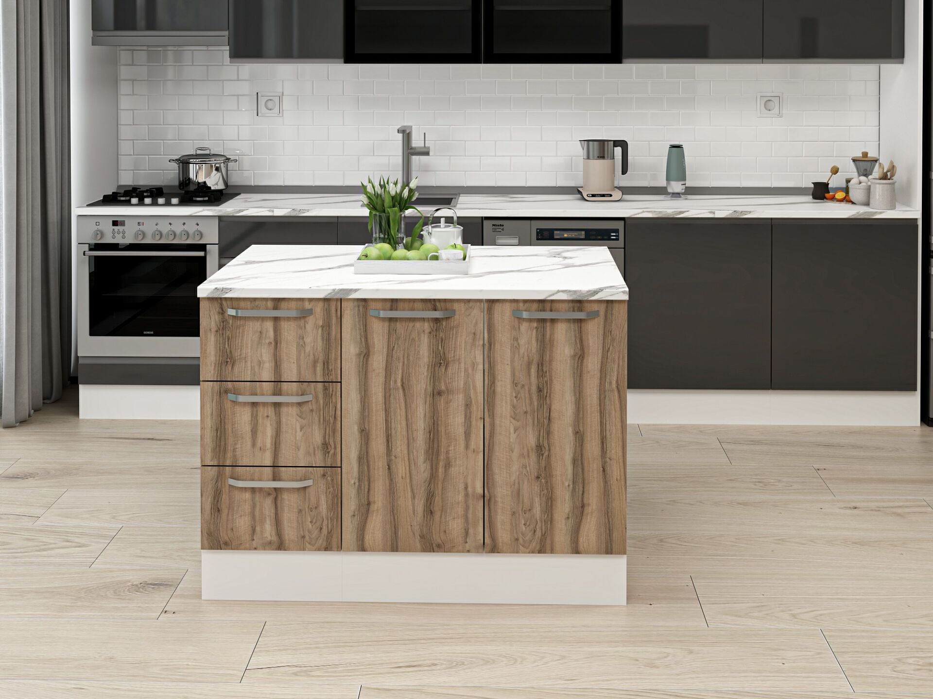 Alvinka 120 Cm Düz Ada Mutfak Dolabı Beyaz Dore