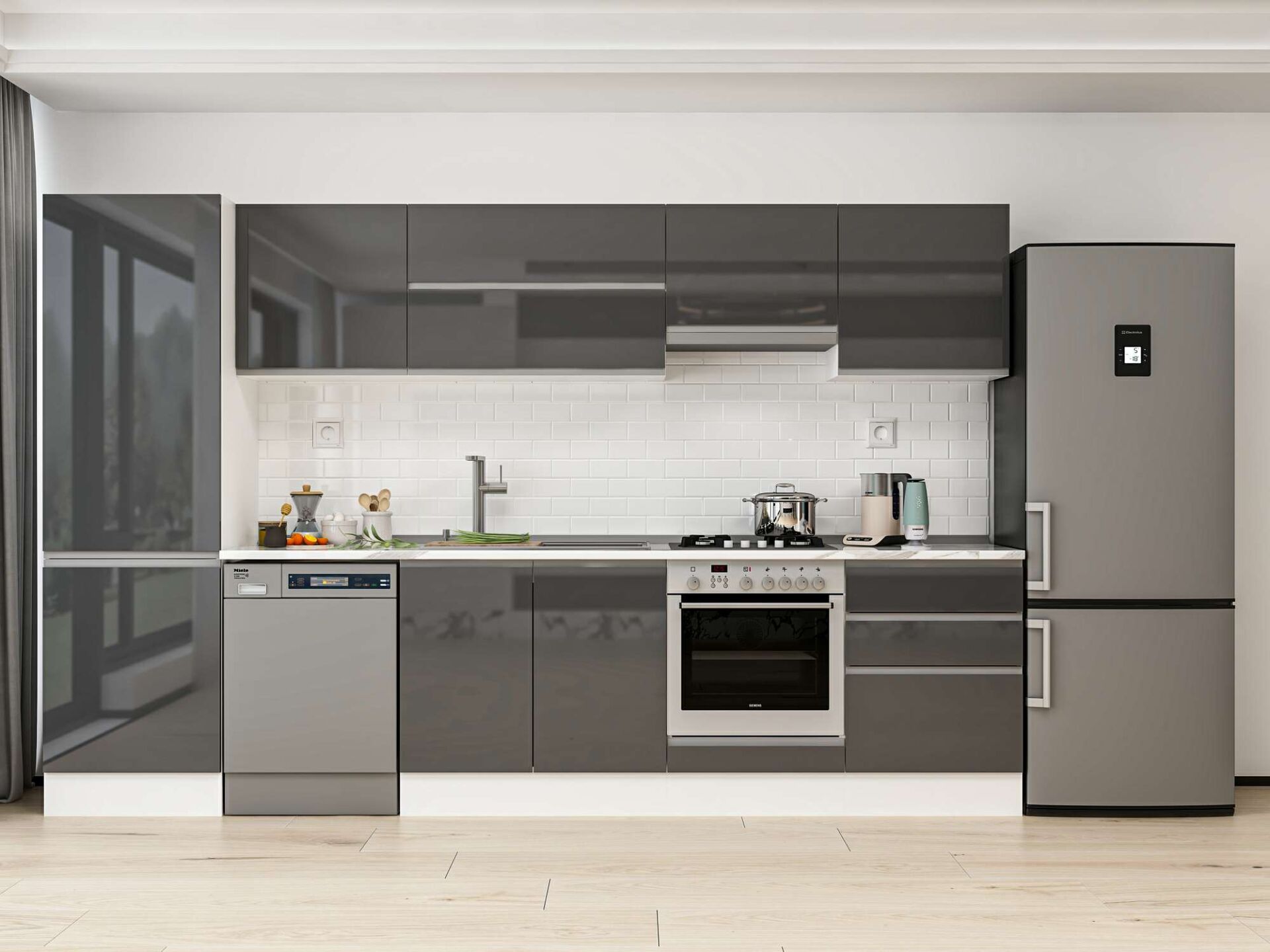 Alvinka 330X210 Cm High Gloss Mutfak Dolabı Mb-E90B60S60-1 High Gloss | Antrasit - Suntalam