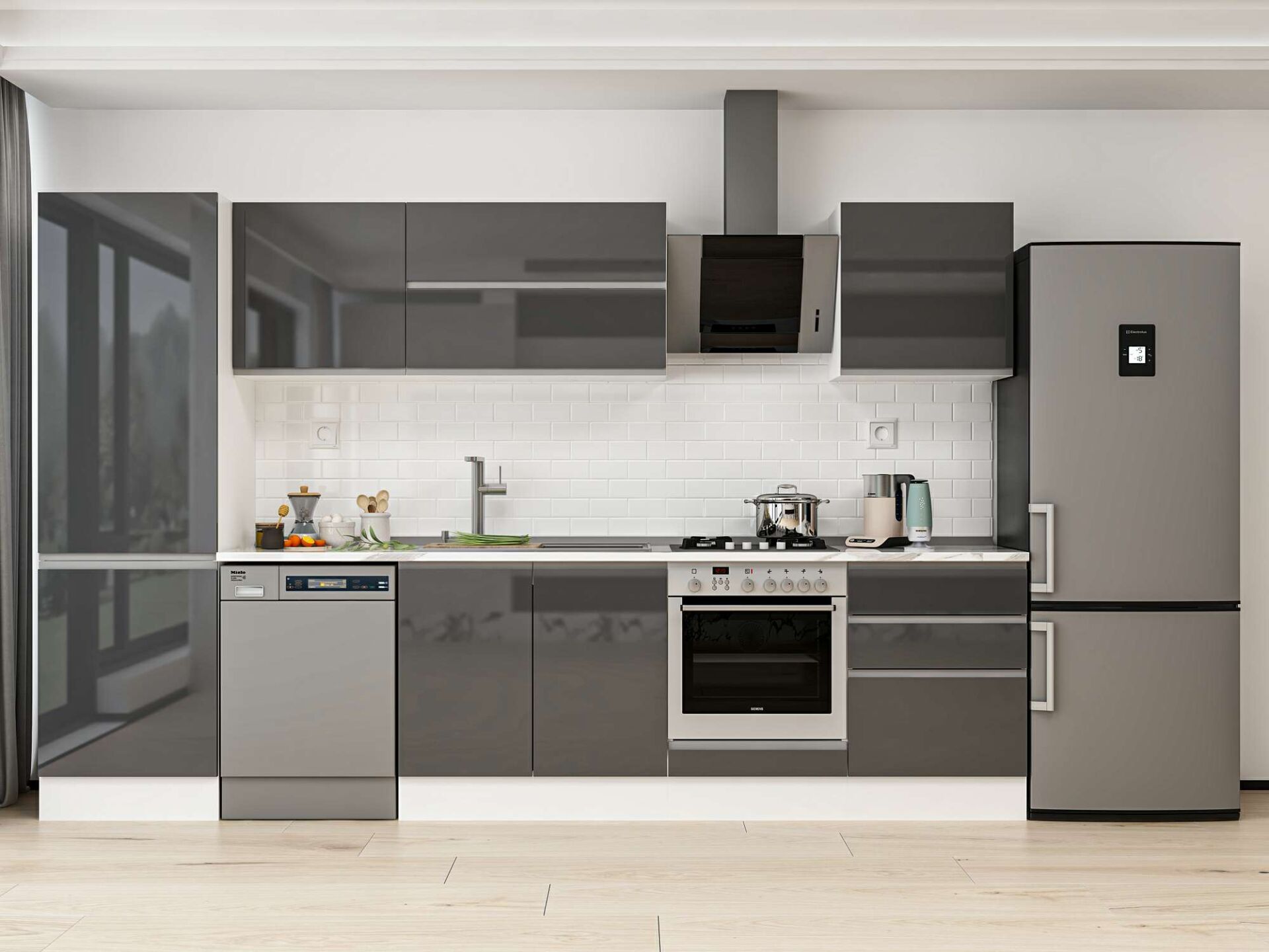 Alvinka 330X210 Cm High Gloss Mutfak Dolabı Mb-E90B60S60-2 High Gloss | Antrasit - Mdf