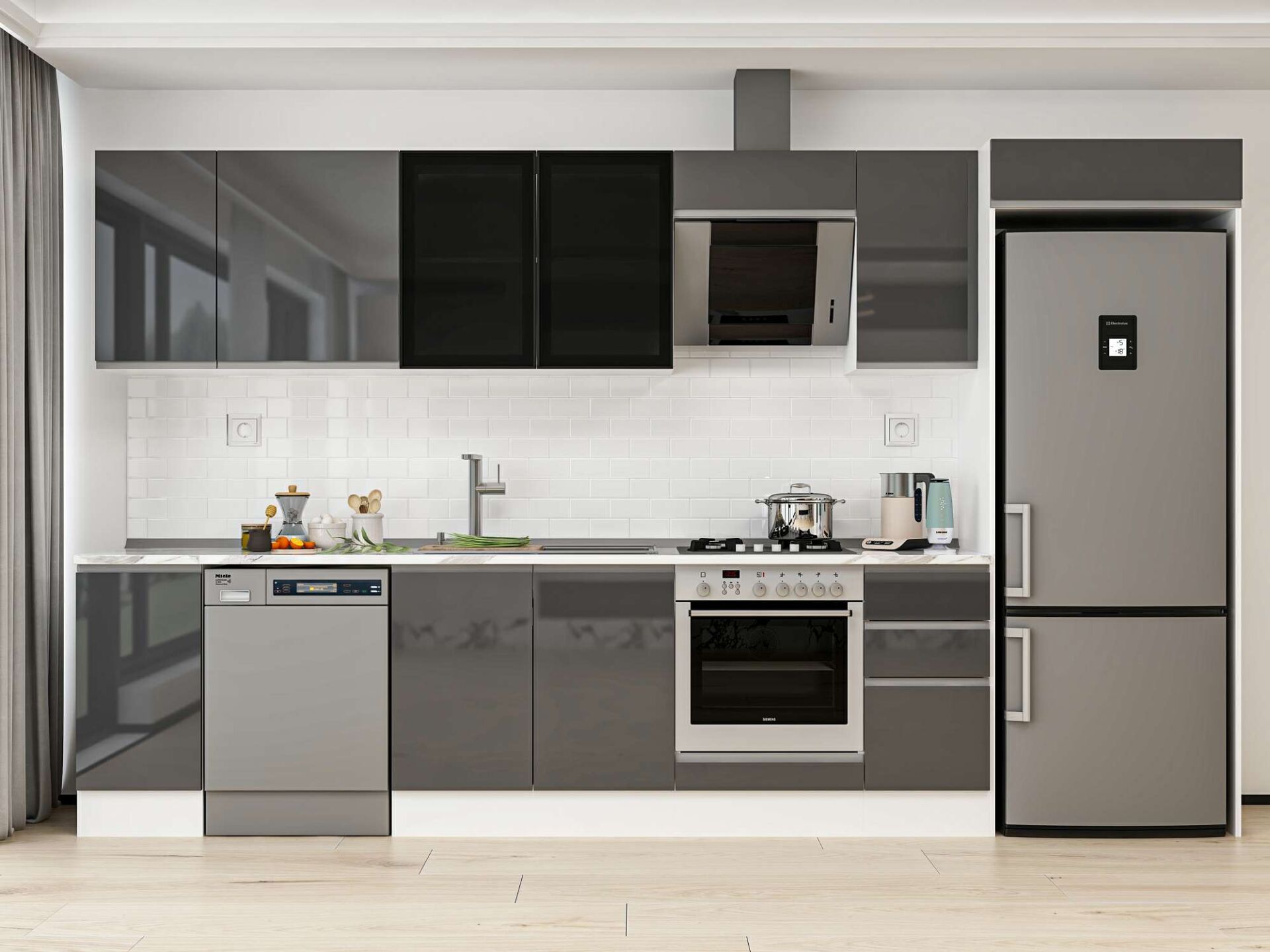 Alvinka 360X222 Cm High Gloss Mutfak Dolabı Mb-E80S40S40-3 High Gloss | Antrasit - Suntalam