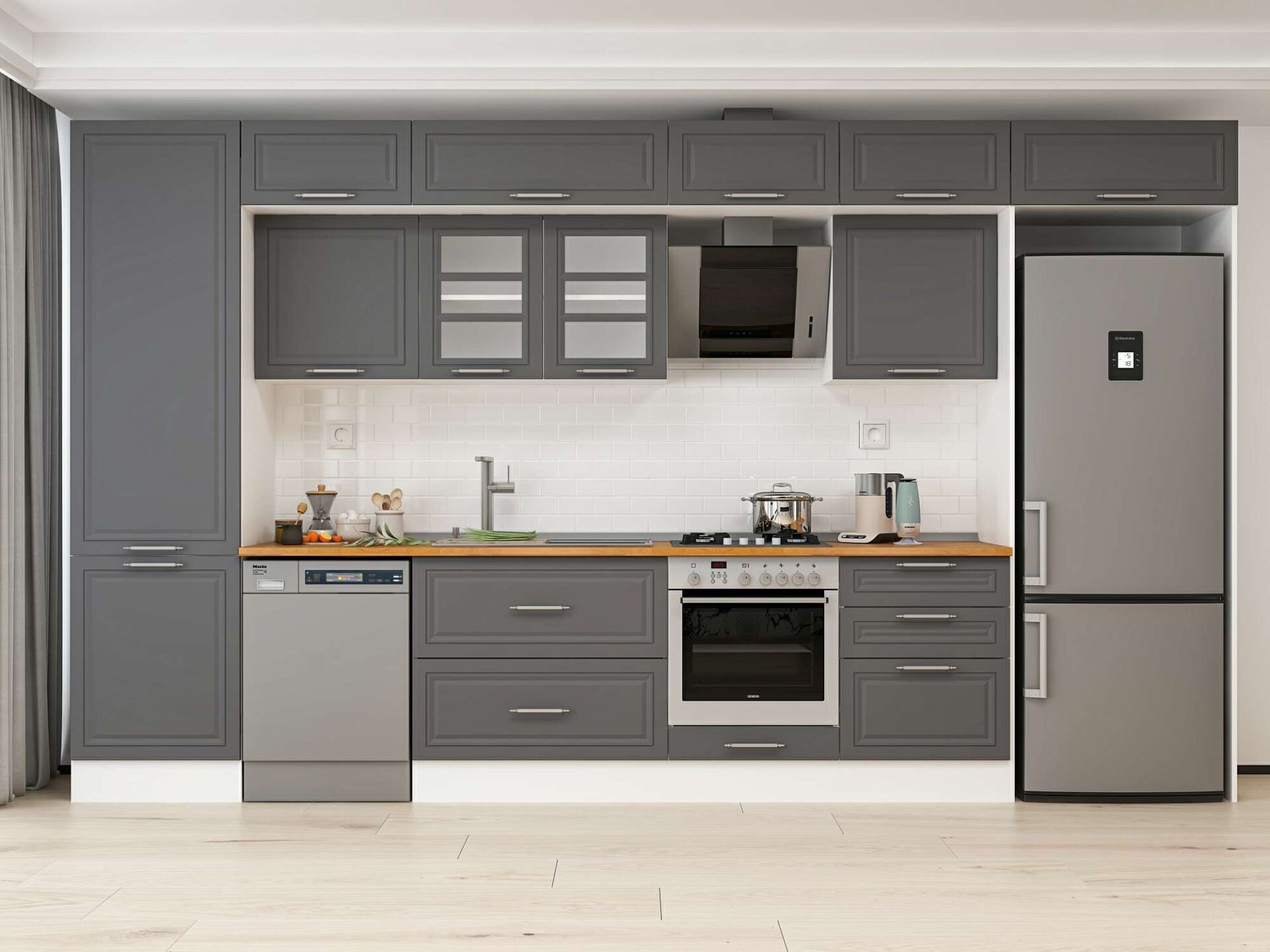 Alvinka 400X240 Cm Klasik Mebran Mutfak Dolabı Beyaz Beyaz Mbb-E80B60S60-3 Mebran | Antrasit - Mdf