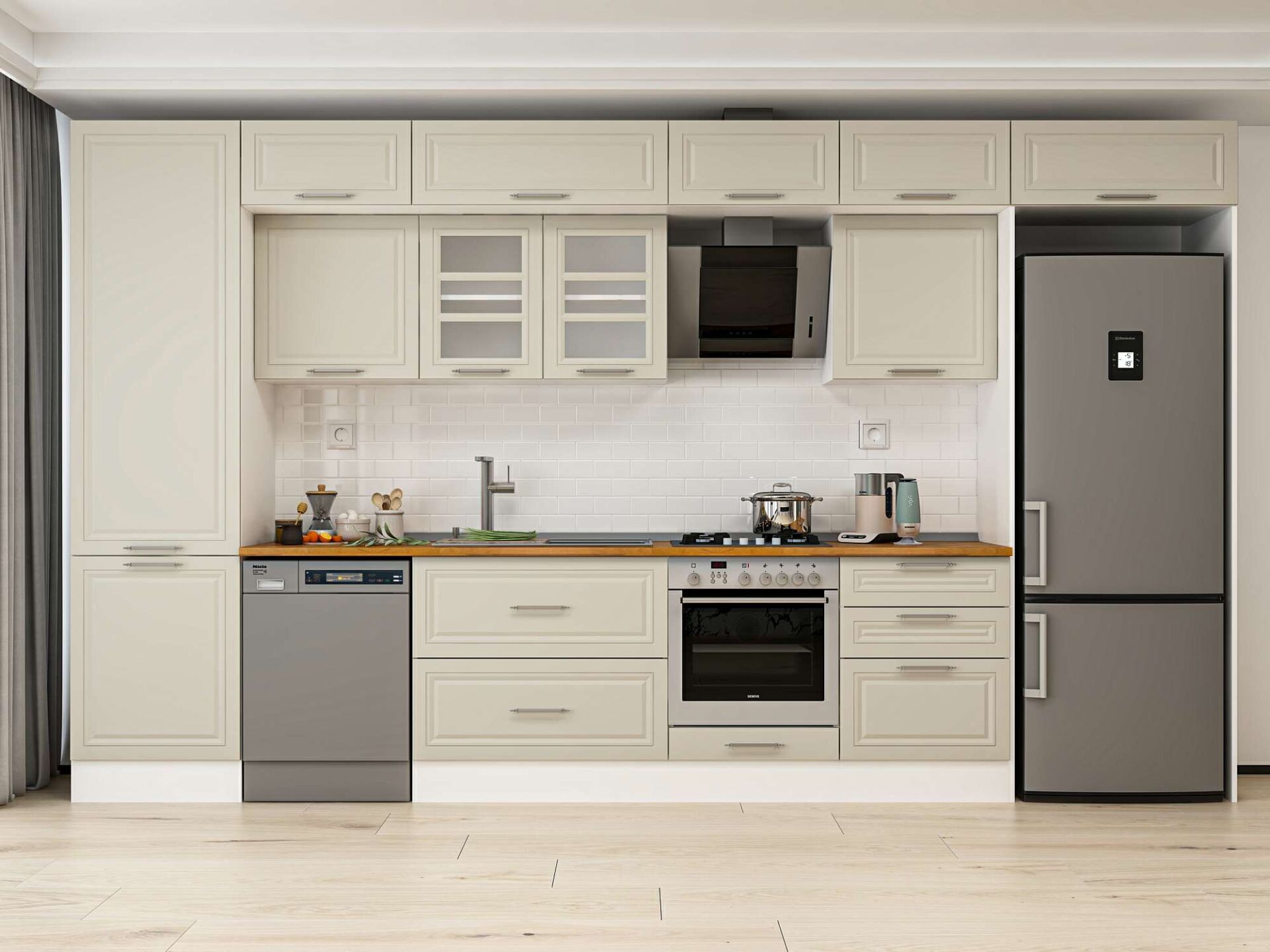 Alvinka 400X240 Cm Klasik Mebran Mutfak Dolabı Beyaz Beyaz Mbb-E80B60S60-3 Mebran | Kumtaşı - Mdf