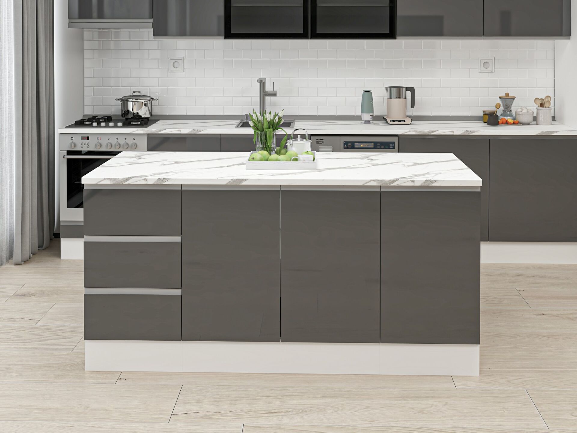 Alvinka 180 Cm Hg_J Ada Mutfak Dolabı Beyaz Antrasit Suntalam