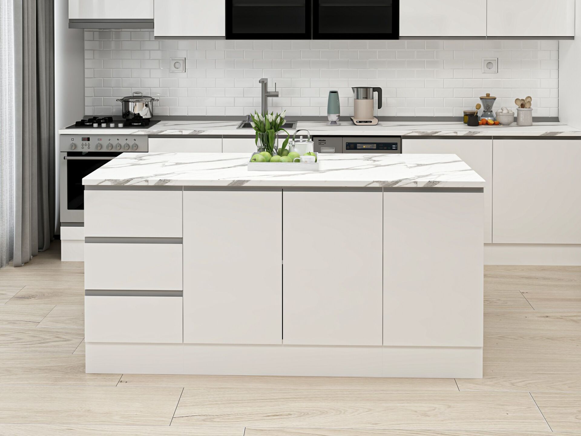 Alvinka 180 Cm Hg_J Ada Mutfak Dolabı Beyaz Beyaz Mdf