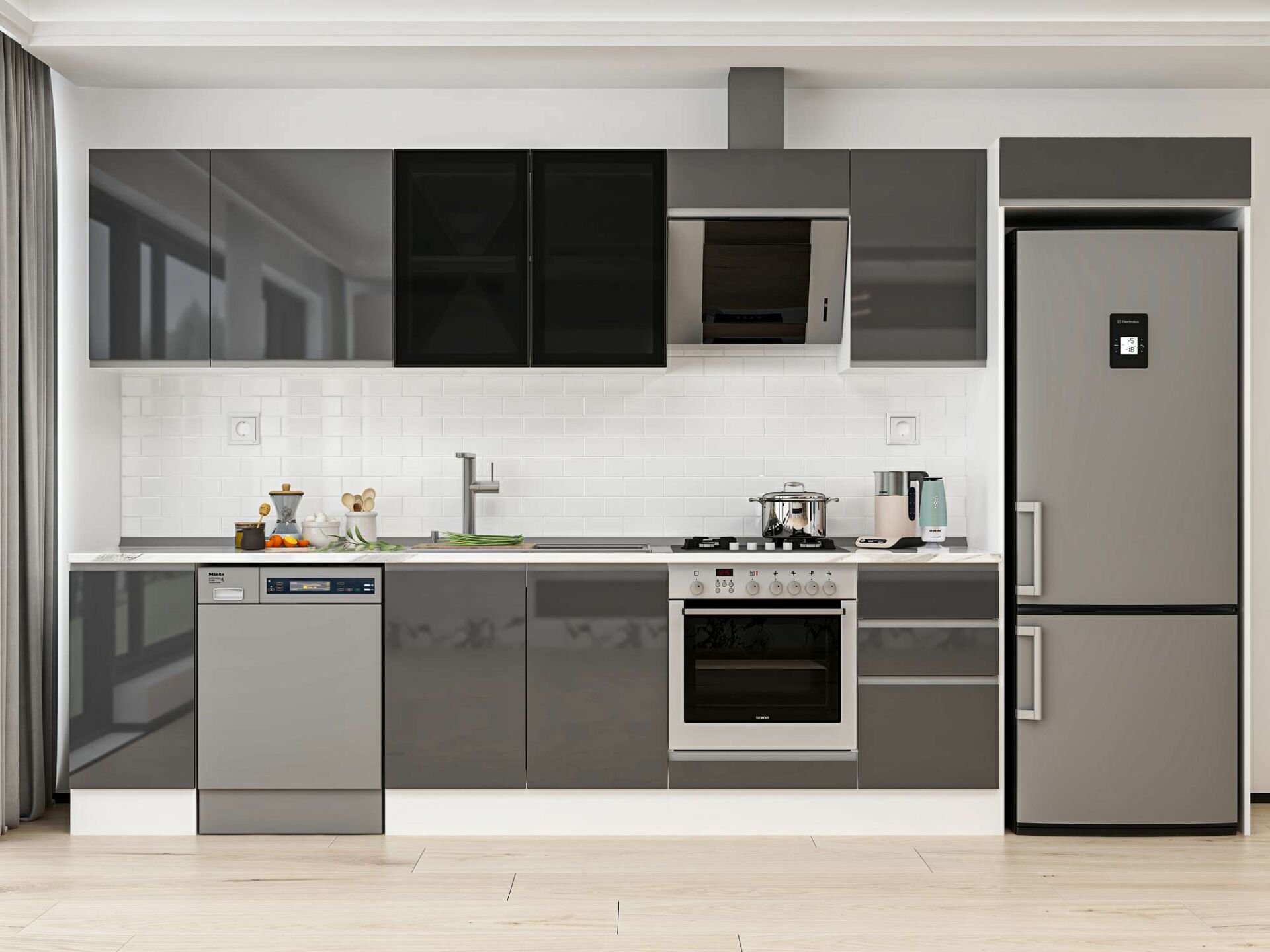 Alvinka 365X222 Cm High Gloss Mutfak Dolabı Mb-E80S40S45-3 High Gloss | Antrasit - Mdf