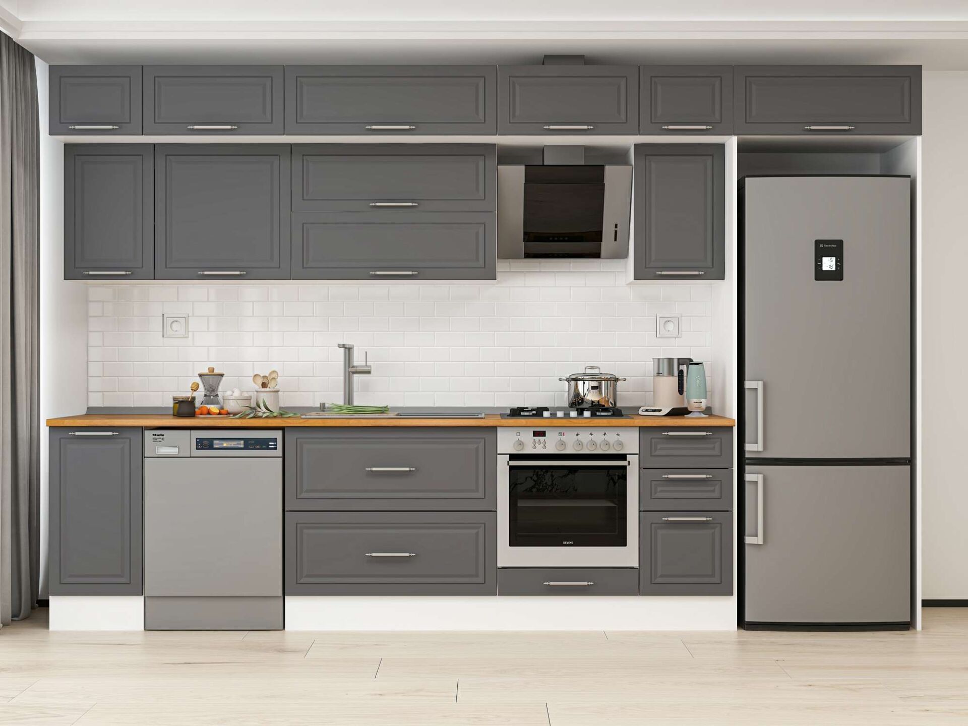 Alvinka 370X240 Cm Klasik Mebran Mutfak Dolabı Beyaz Beyaz Mb-E90S40S40-2 Mebran | Antrasit - Mdf