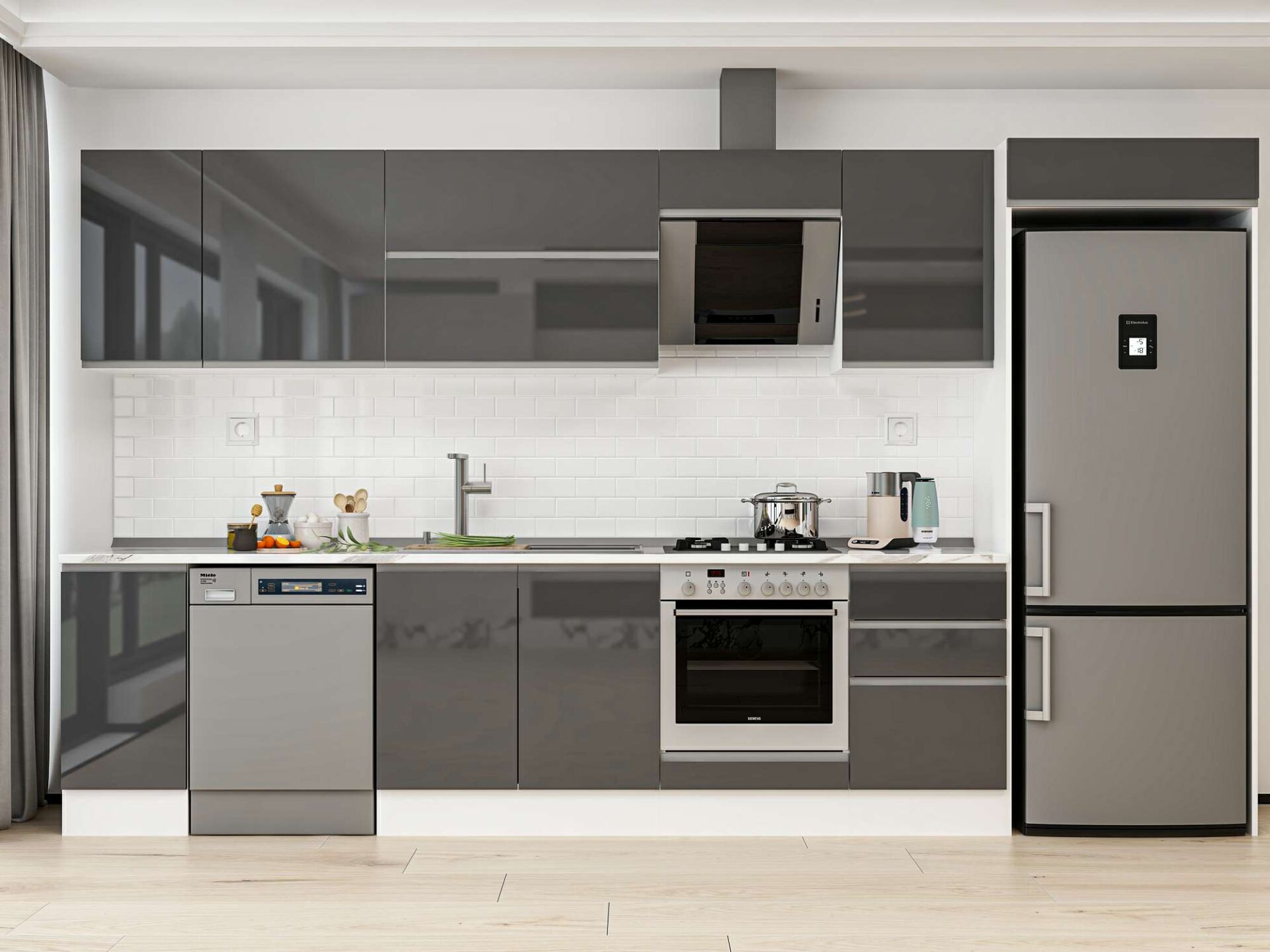 Alvinka 370X222 Cm High Gloss Mutfak Dolabı Mb-E80S40S50-2 High Gloss | Antrasit - Suntalam