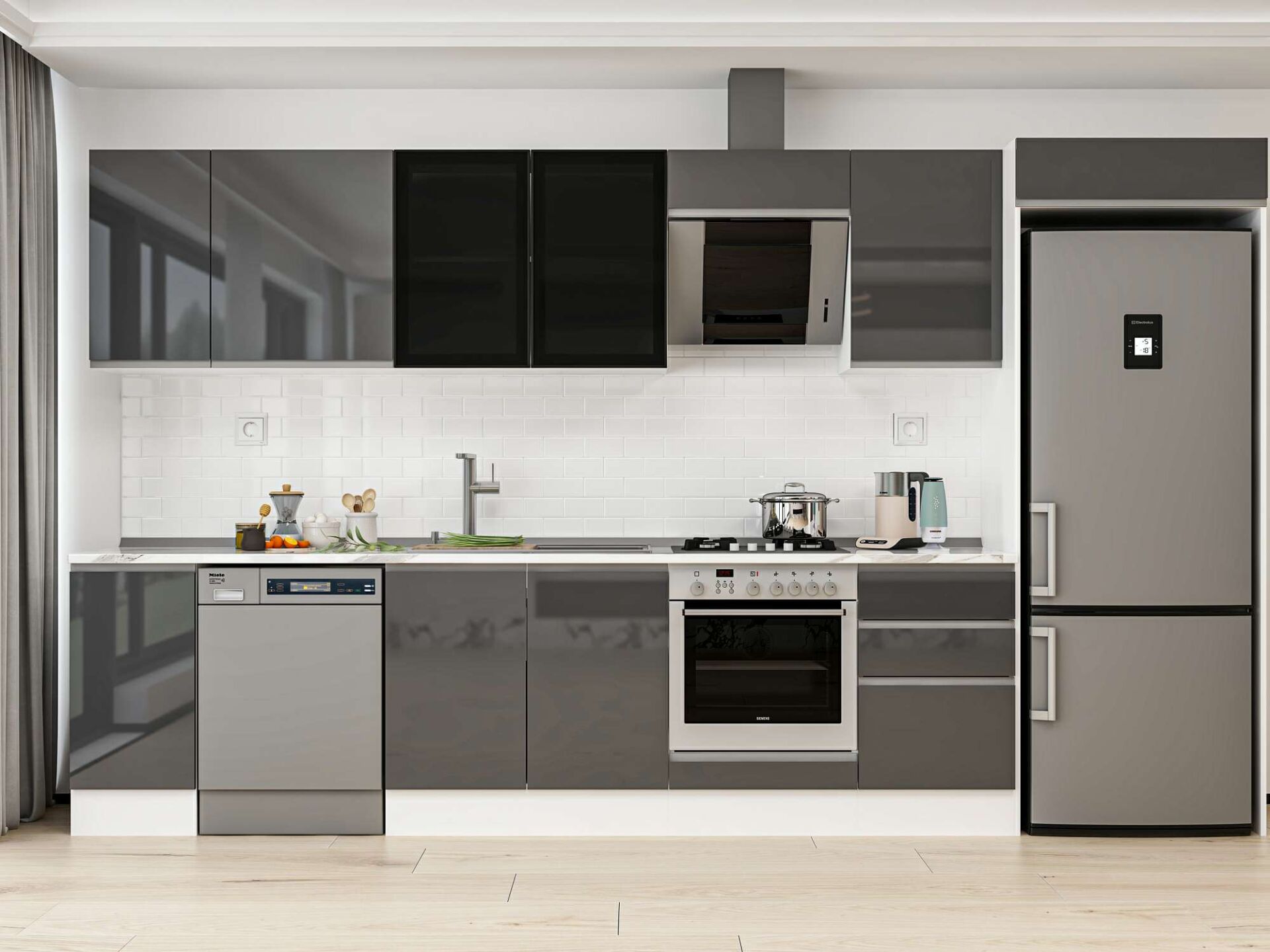 Alvinka 370X222 Cm High Gloss Mutfak Dolabı Mb-E80S40S50-3 High Gloss | Antrasit - Suntalam