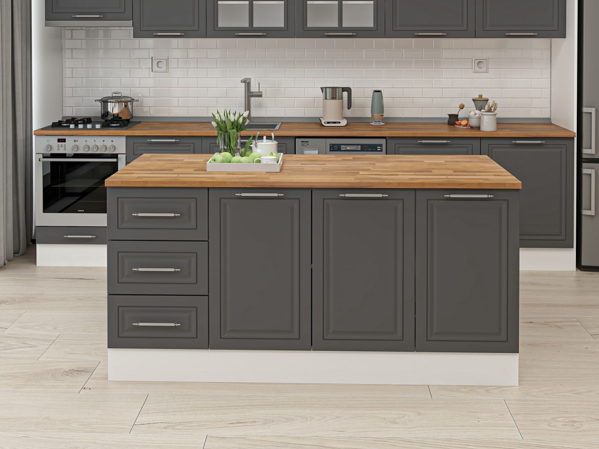 Alvinka 180 Cm Mbr_C Ada Mutfak Dolabı Beyaz Antrasit Mdf