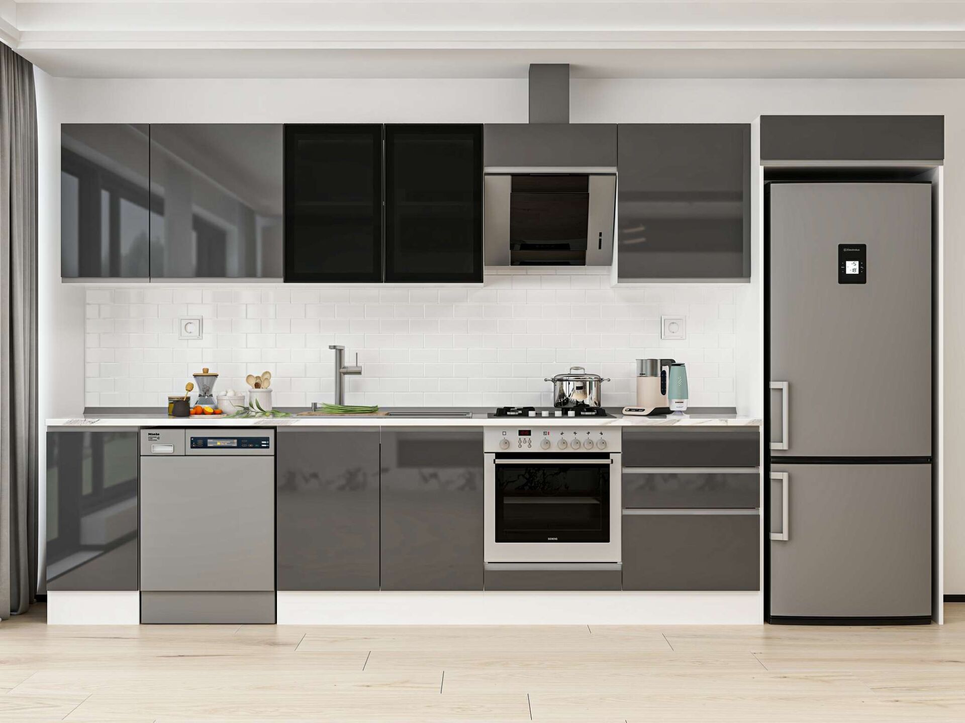 Alvinka 380X222 Cm High Gloss Mutfak Dolabı Mb-E80S40S60-3 High Gloss | Antrasit - Mdf