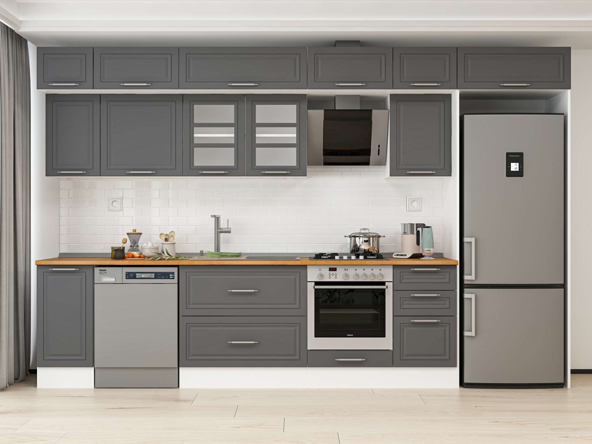 Alvinka 375X240 Cm Klasik Mebran Mutfak Dolabı Beyaz Beyaz Mb-E90S40S45-3 Mebran | Antrasit - Mdf