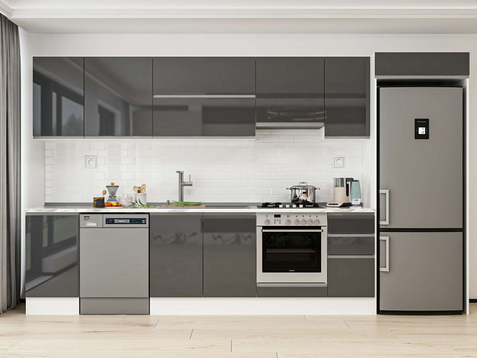 Alvinka 365X222 Cm High Gloss Mutfak Dolabı Mb-E80S45S40-1 High Gloss | Antrasit - Mdf