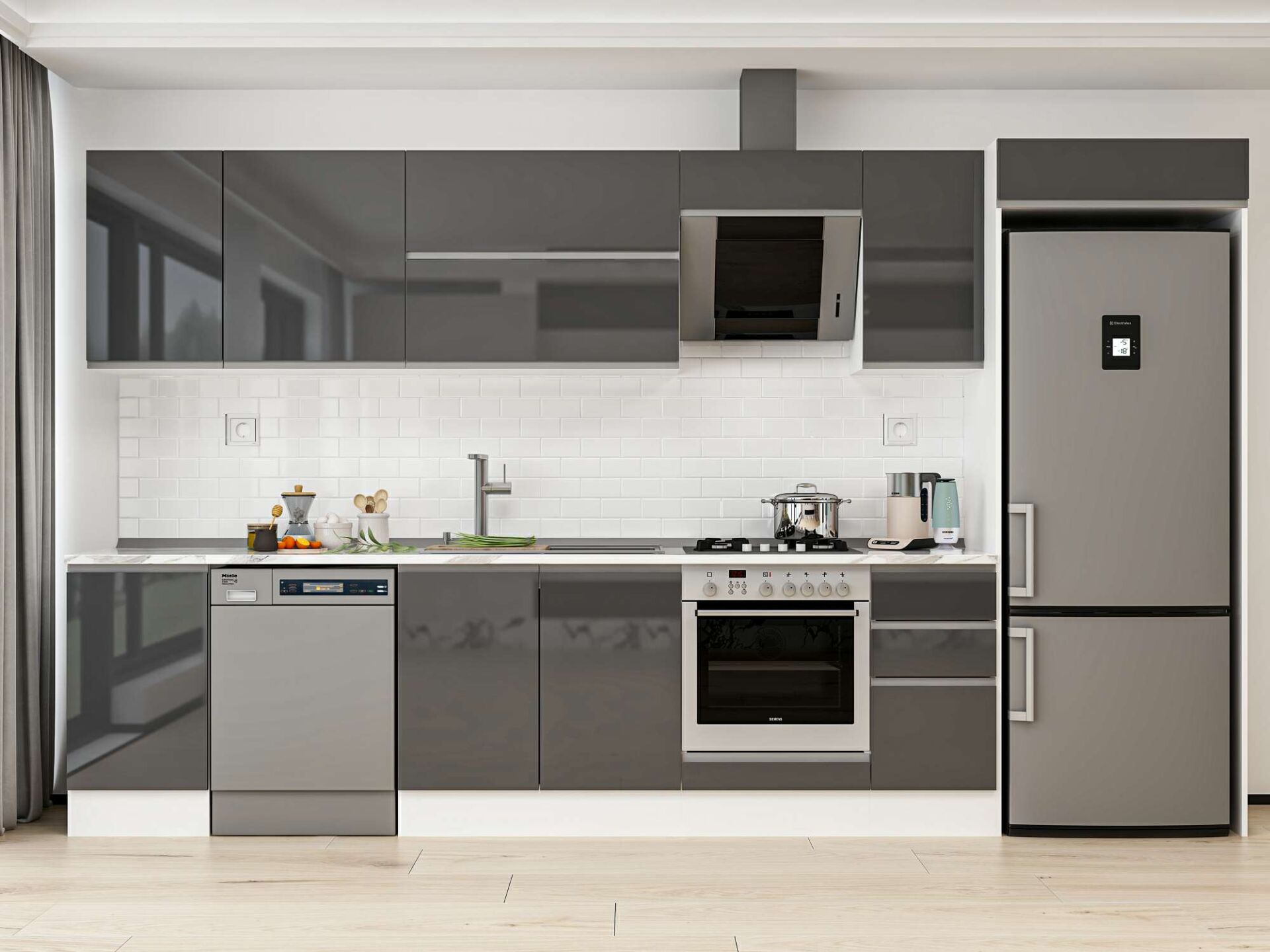 Alvinka 365X222 Cm High Gloss Mutfak Dolabı Mb-E80S45S40-2 High Gloss | Antrasit - Mdf