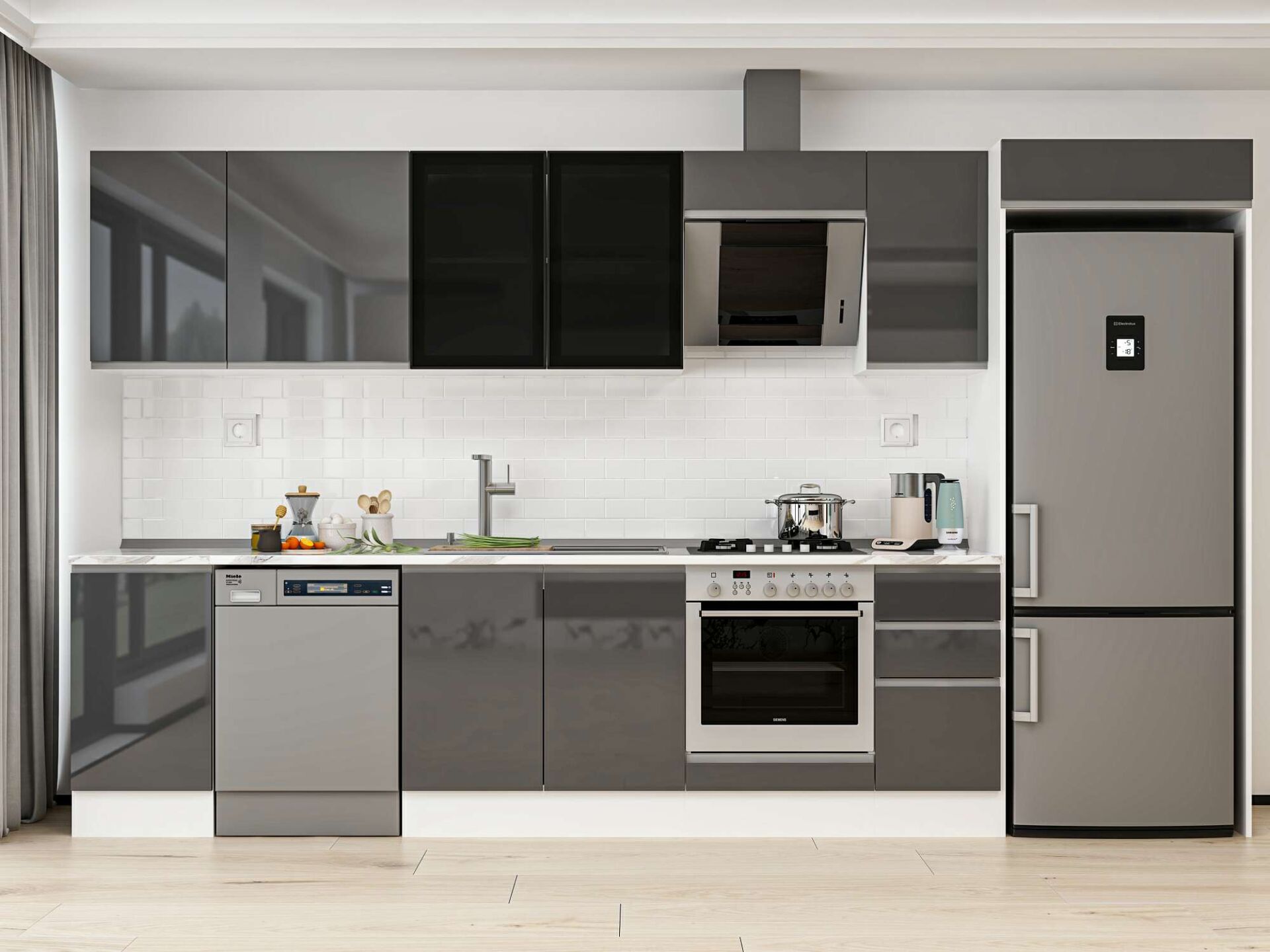 Alvinka 365X222 Cm High Gloss Mutfak Dolabı Mb-E80S45S40-3 High Gloss | Antrasit - Suntalam