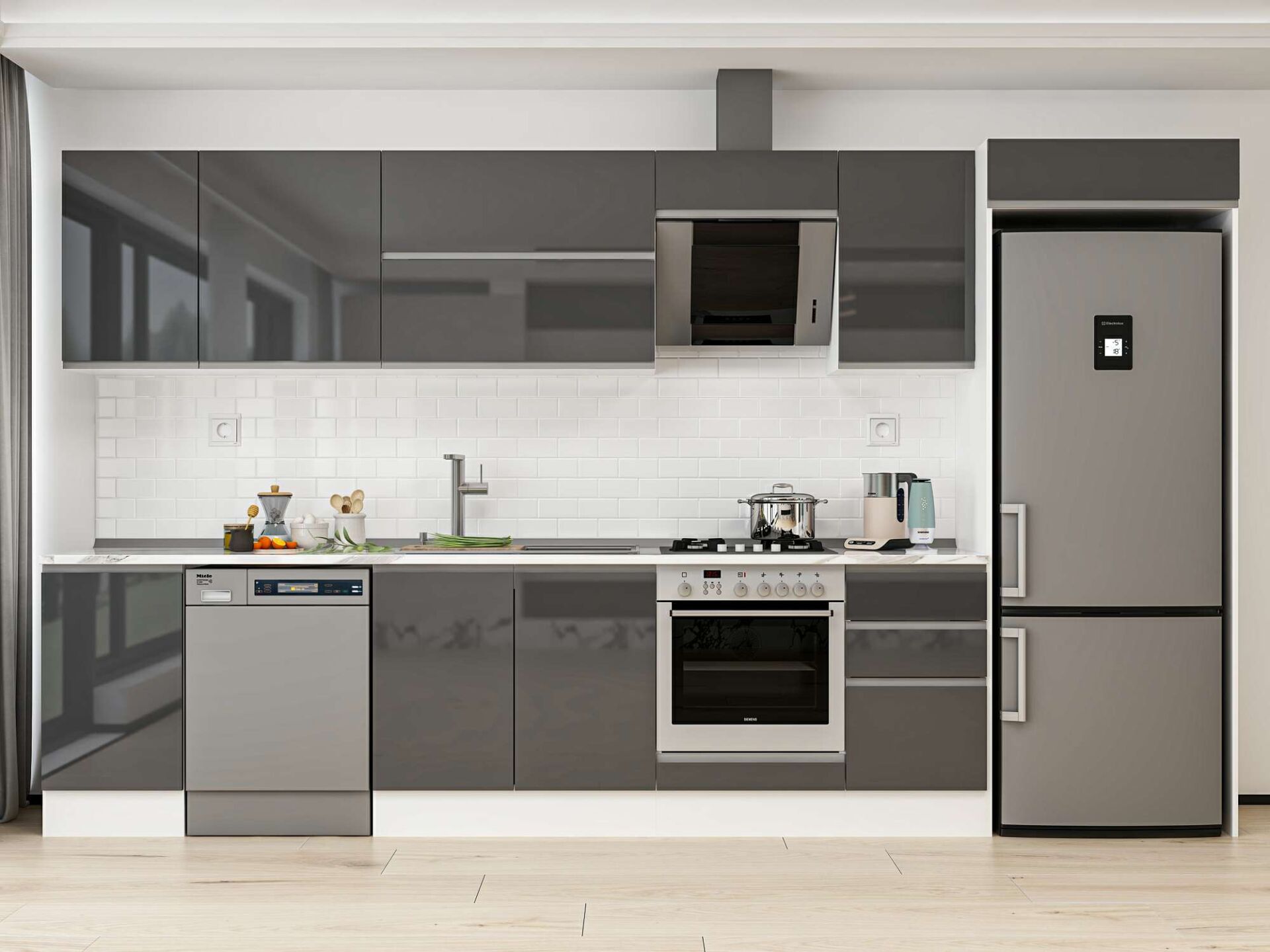 Alvinka 370X222 Cm High Gloss Mutfak Dolabı Mb-E80S45S45-2 High Gloss | Antrasit - Mdf