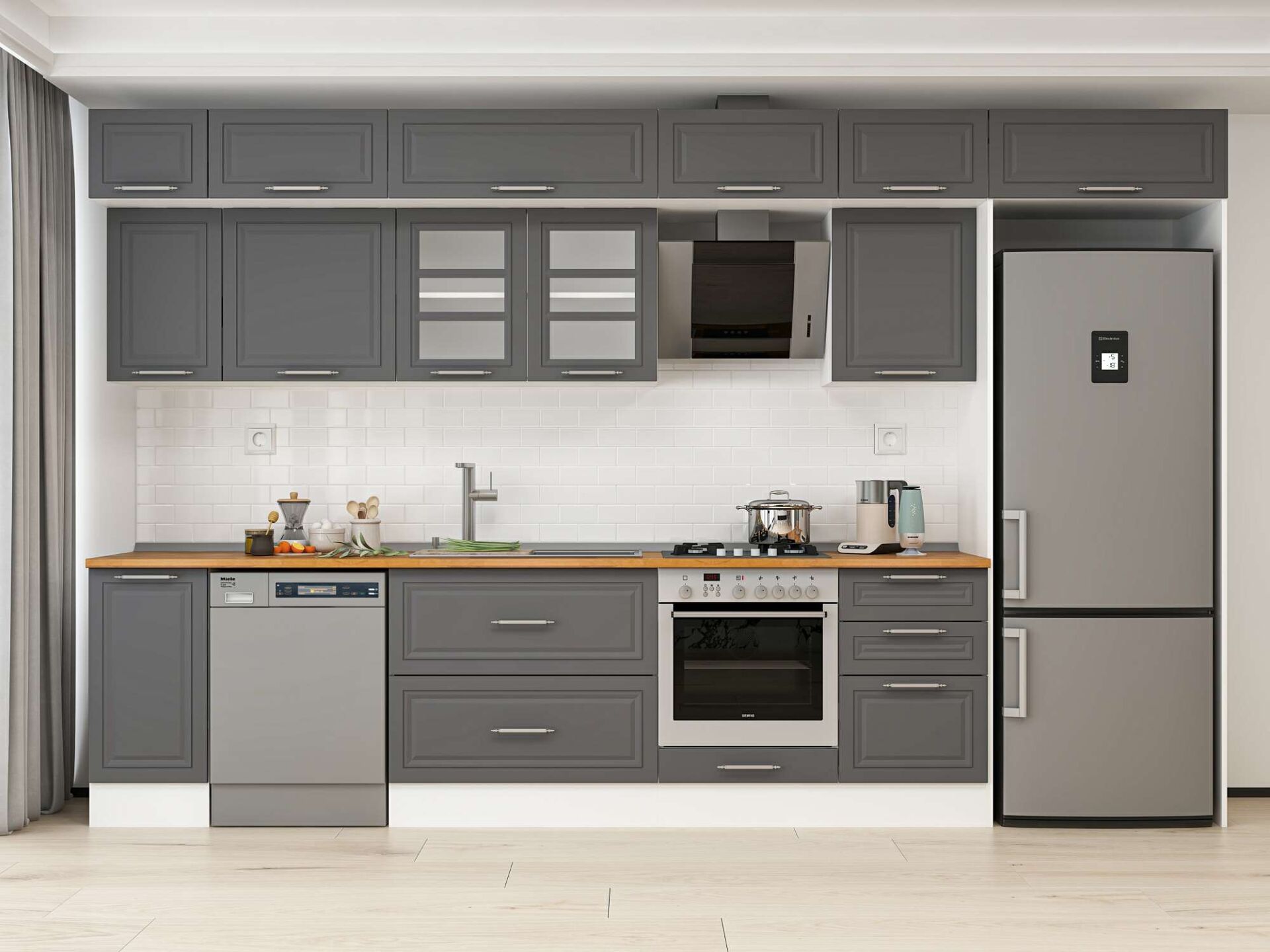 Alvinka 380X240 Cm Klasik Mebran Mutfak Dolabı Beyaz Beyaz Mb-E90S40S50-3 Mebran | Antrasit - Mdf