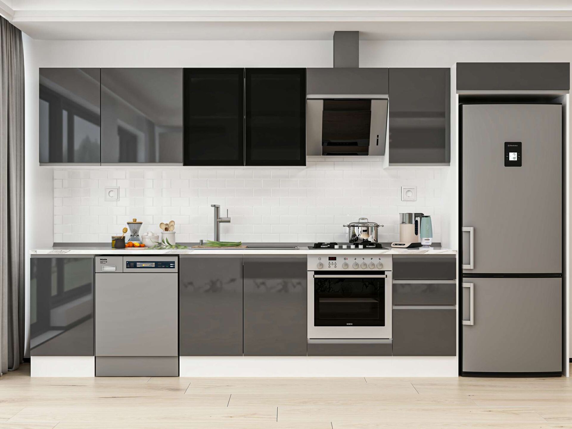 Alvinka 370X222 Cm High Gloss Mutfak Dolabı Mb-E80S45S45-3 High Gloss | Antrasit - Suntalam