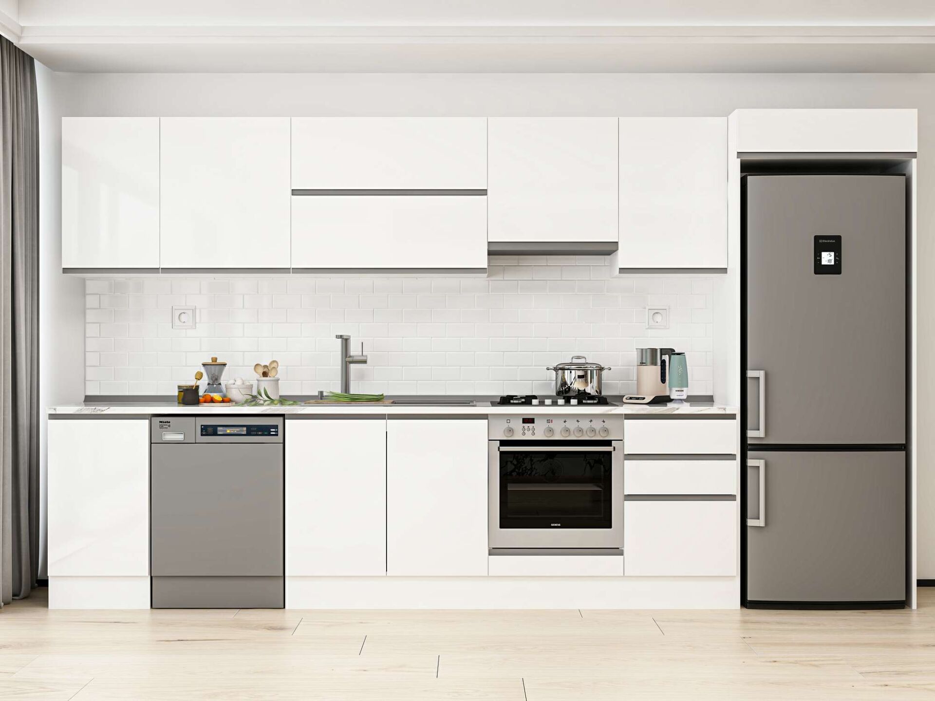 Alvinka 375X222 Cm High Gloss Mutfak Dolabı Mb-E80S45S50-1 High Gloss | Beyaz - Suntalam