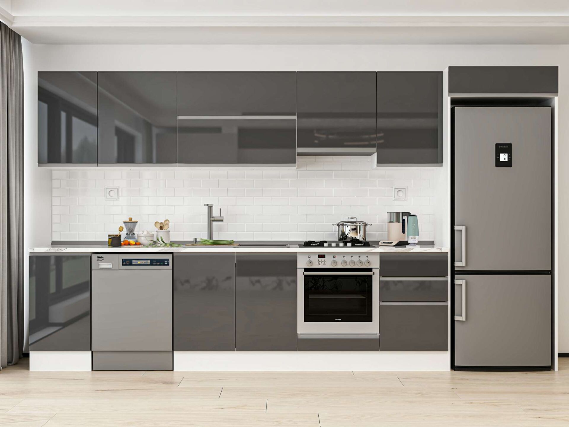 Alvinka 375X222 Cm High Gloss Mutfak Dolabı Mb-E80S45S50-1 High Gloss | Antrasit - Suntalam