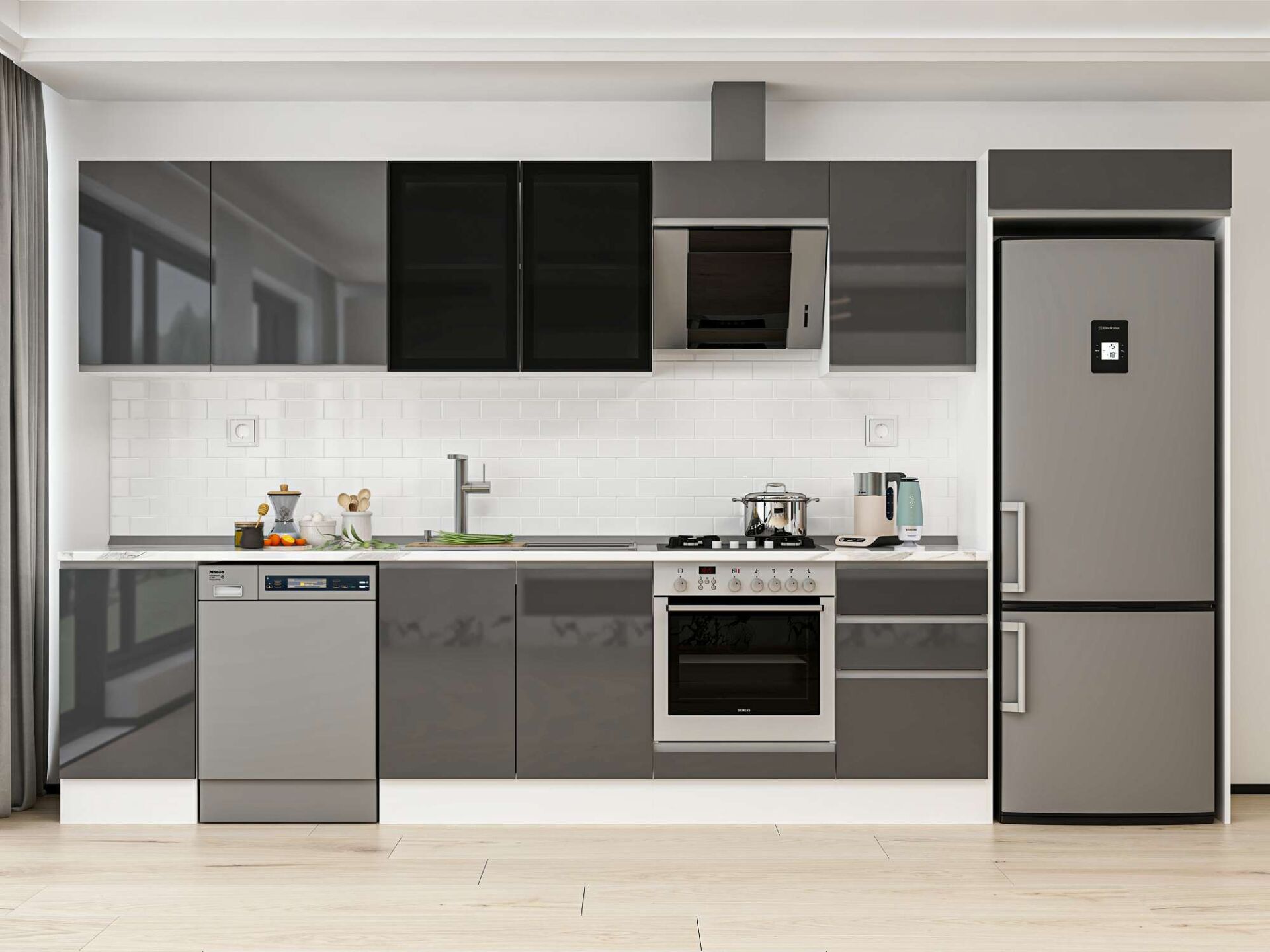 Alvinka 375X222 Cm High Gloss Mutfak Dolabı Mb-E80S45S50-3 High Gloss | Antrasit - Suntalam